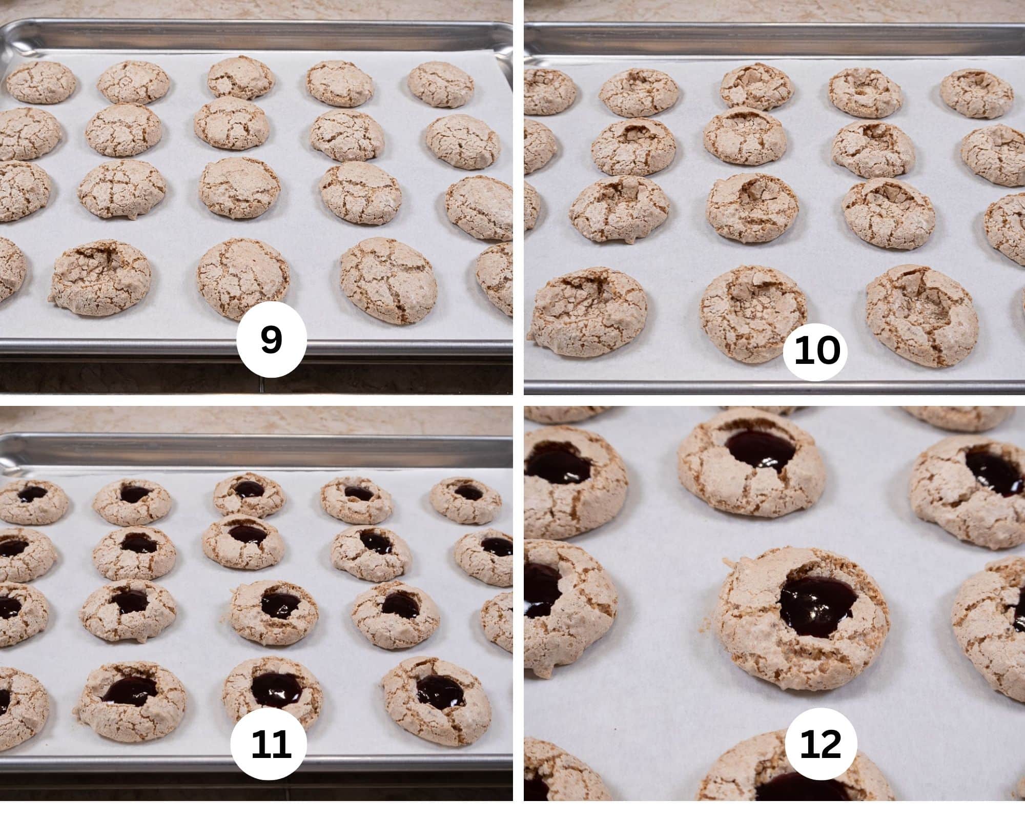 The last collage shows the baked cookies, a tray with the centers made, and the cookies filled.