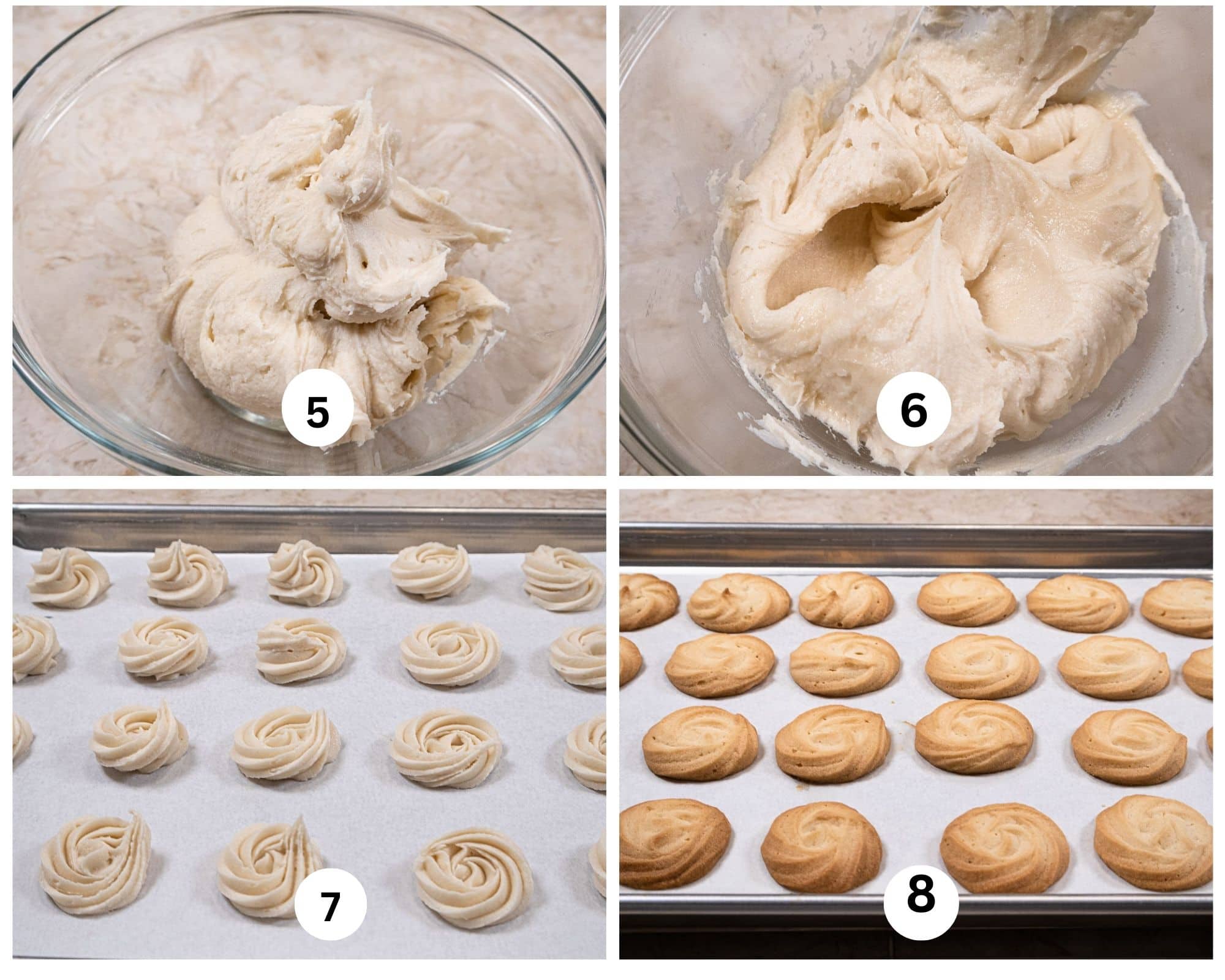 The second collage shows the batter in a bowl, the batter warmed to make it easier to pipe, the piped cookies on a baking sheet and the baked cookies.
