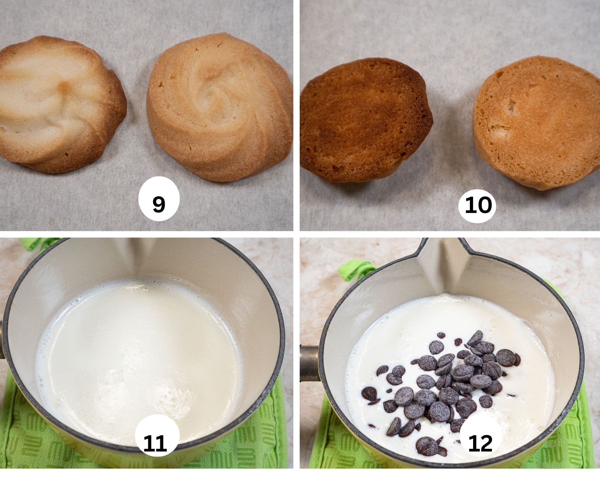 The third collages shows the tops of two cookies, one baked on a single baking sheet, the other on a double pan, the bottoms of the cookies one dark, one lighter, cream heated and chocolate added to the hot cream.