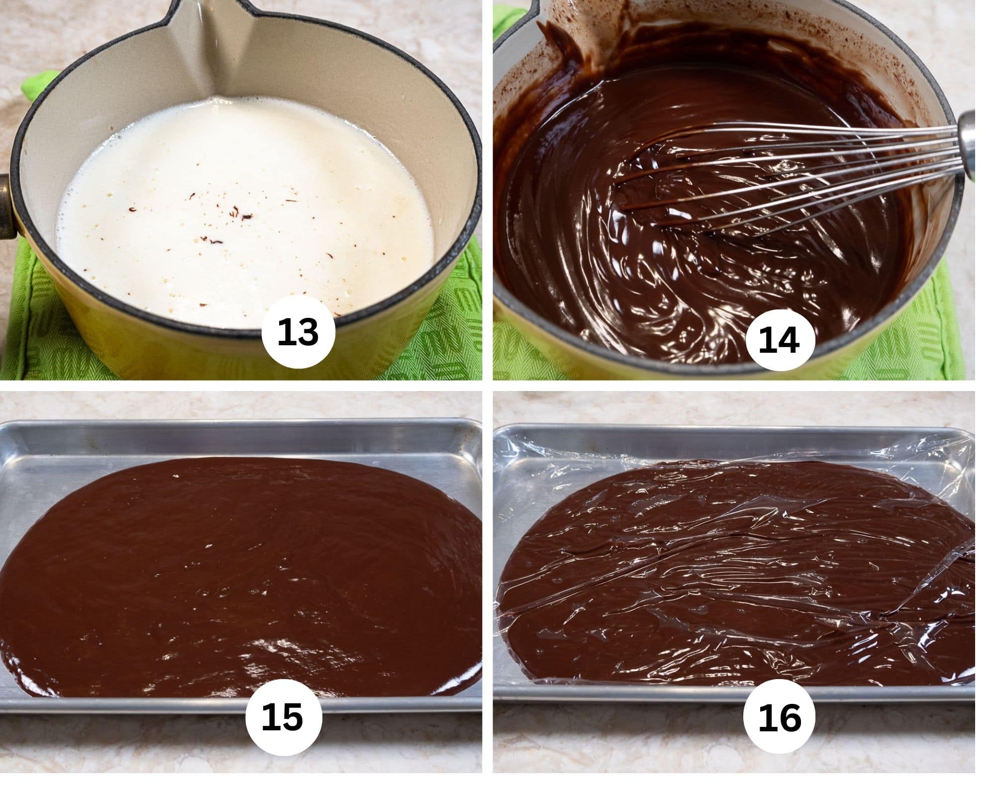 The chocolate is submerged under the cream, the cream and chocolate are whisked until smooth, the chocolate is spread on a pan, then covered with plastic wrap.