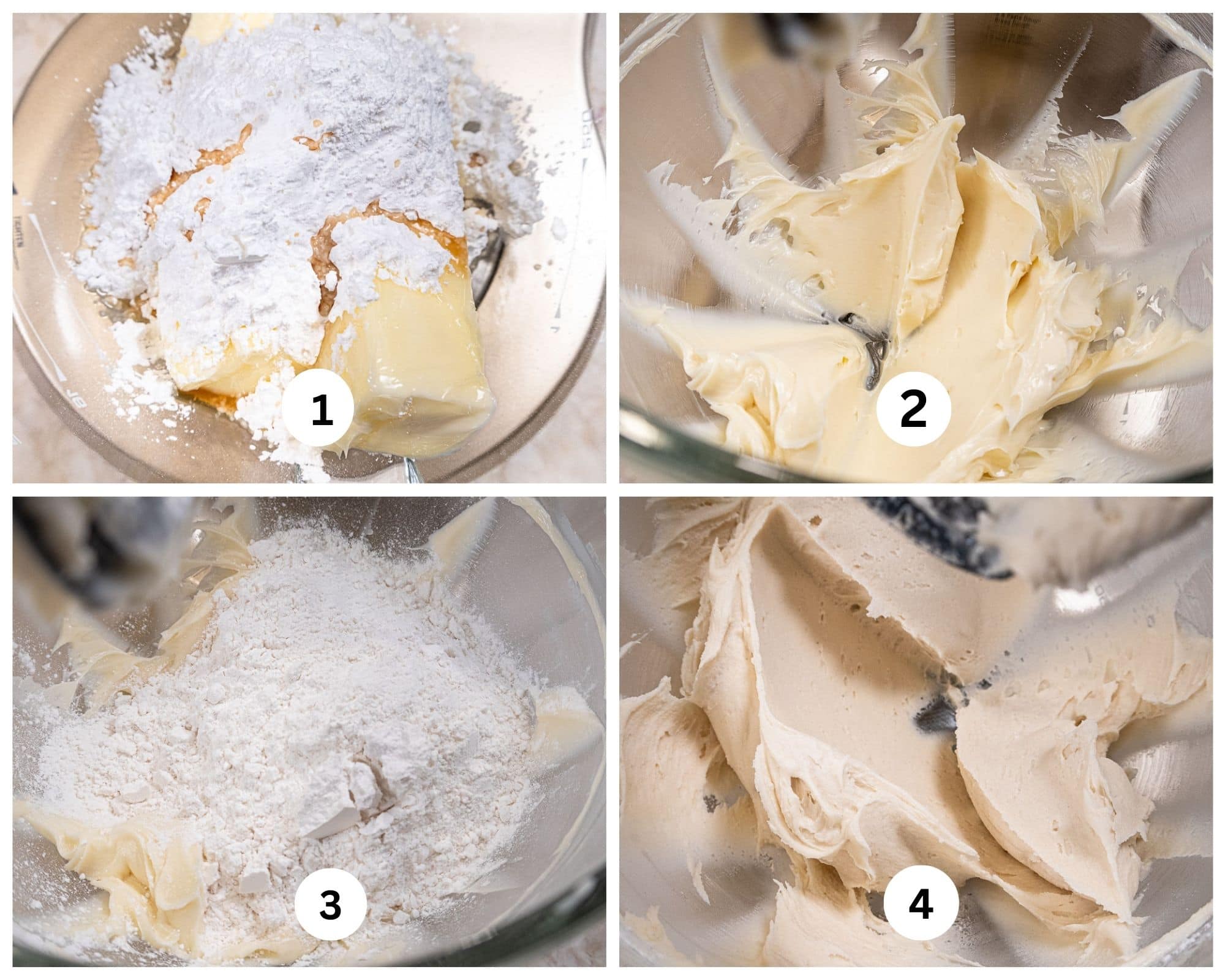 Collage 1 shows the butter, powdered sugar, vanilla, those ingredients mixed, flour added, batter finished.