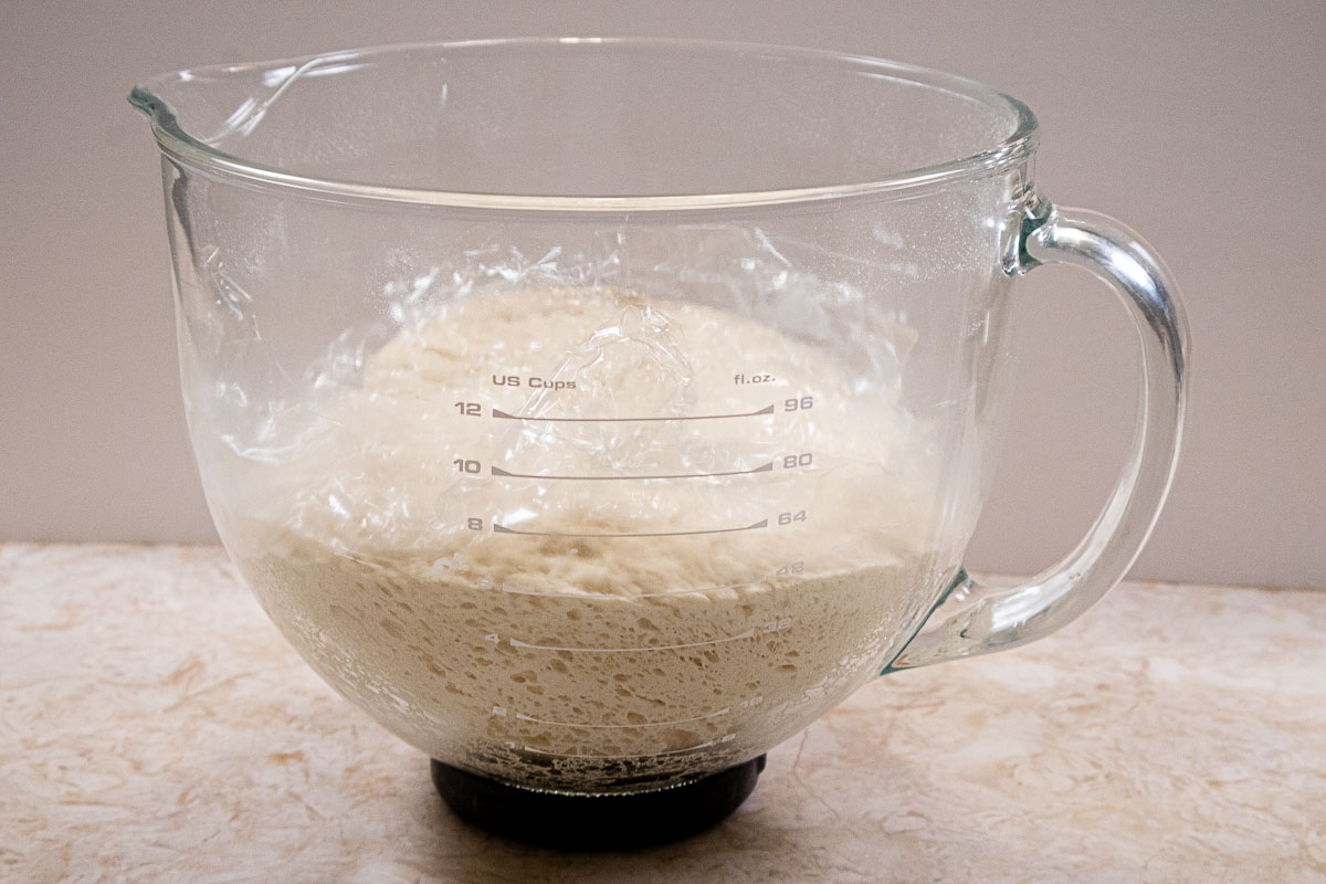 Yeast dough has risen in the same glass bowl it was made in. 