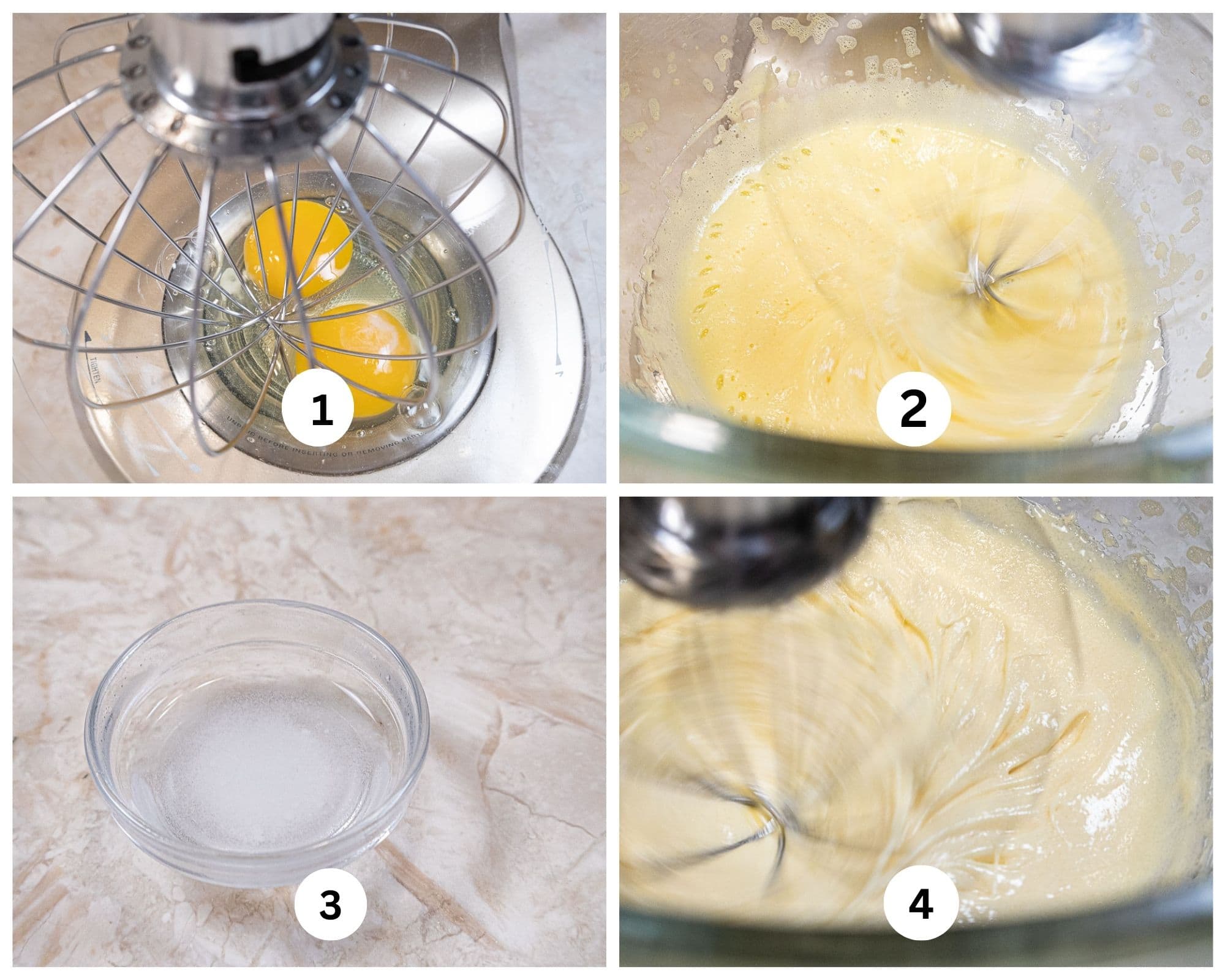 The first collage for Springerle shows the eggs in the mixing bowl, the eggs beaten, the ammonia and anise extract mixed and the the egg mixture beaten.