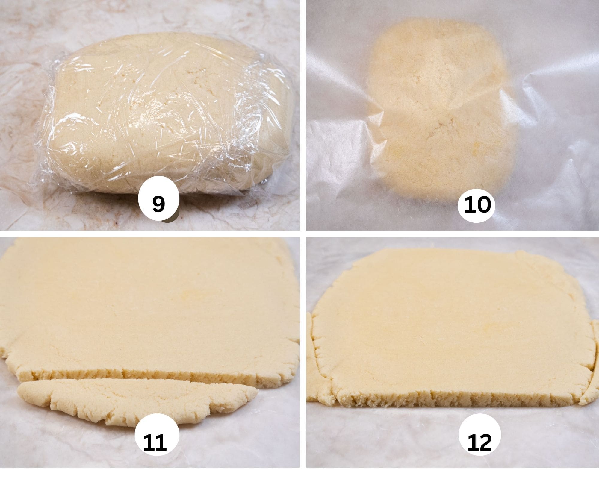 The third collage shows the dough wrapped in plastic wrap, placed between waxed paper, rolled out with the end cut off and the pieces of dough place on the sides to even out the dough.