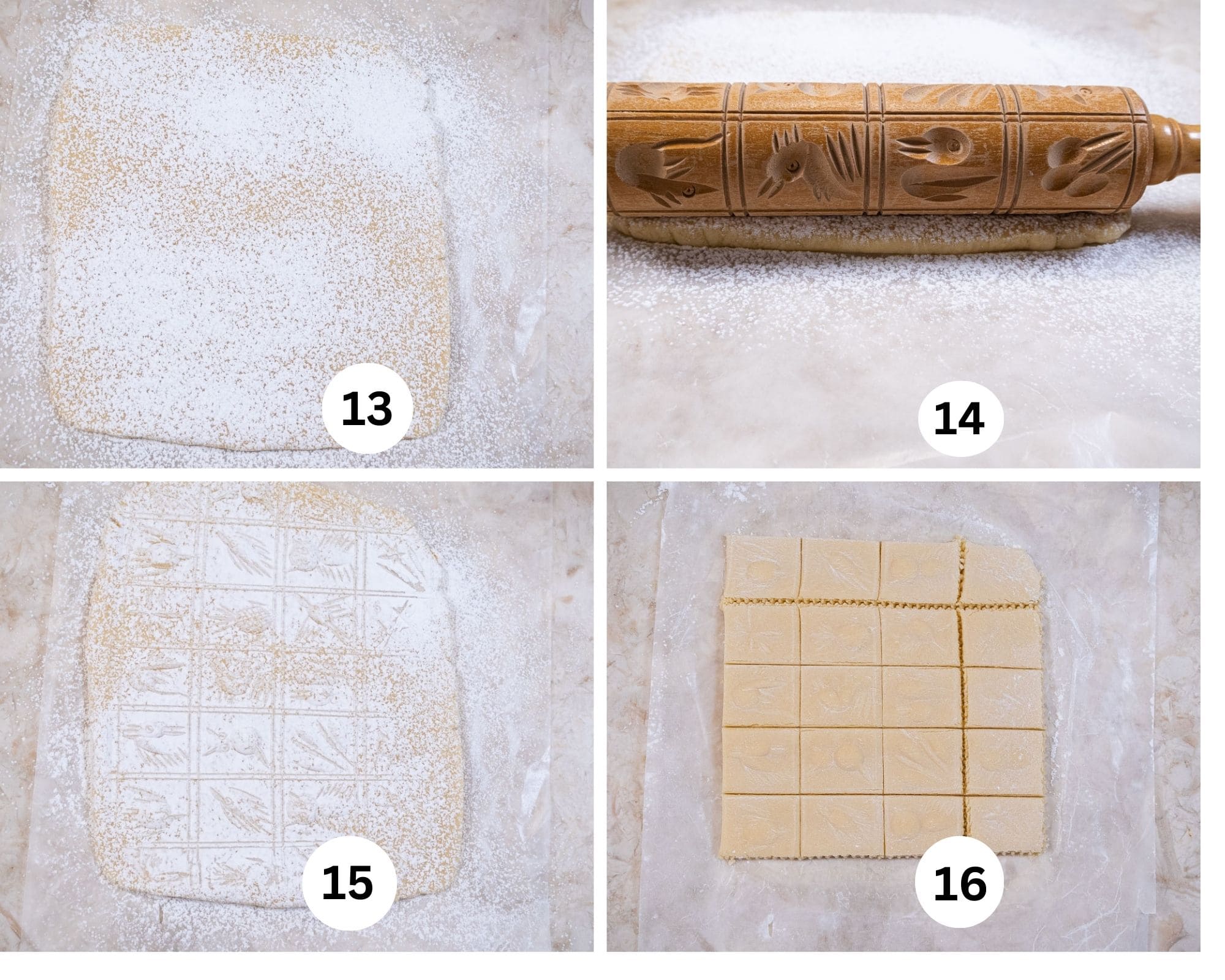 The fourth collage shows the dough dusted with powdered sugar and rolled out, the springerle rolling pin on the bottom of the dough, the dough with the impressions on it, and then dusted off and cut.