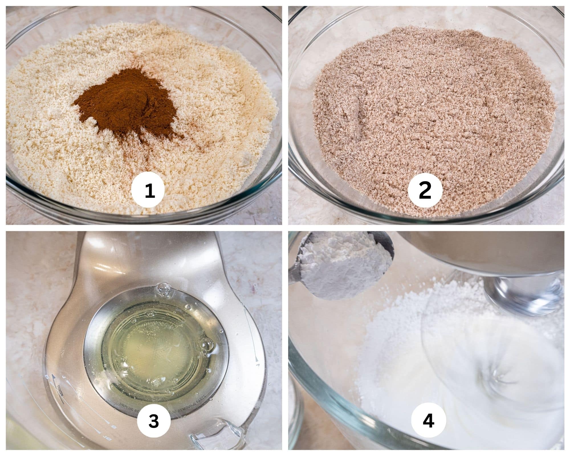 This collage shows the almond flour and cinnamon in a large bowl, mixed together, egg whites in mixing bowl and powdered sugar being added.