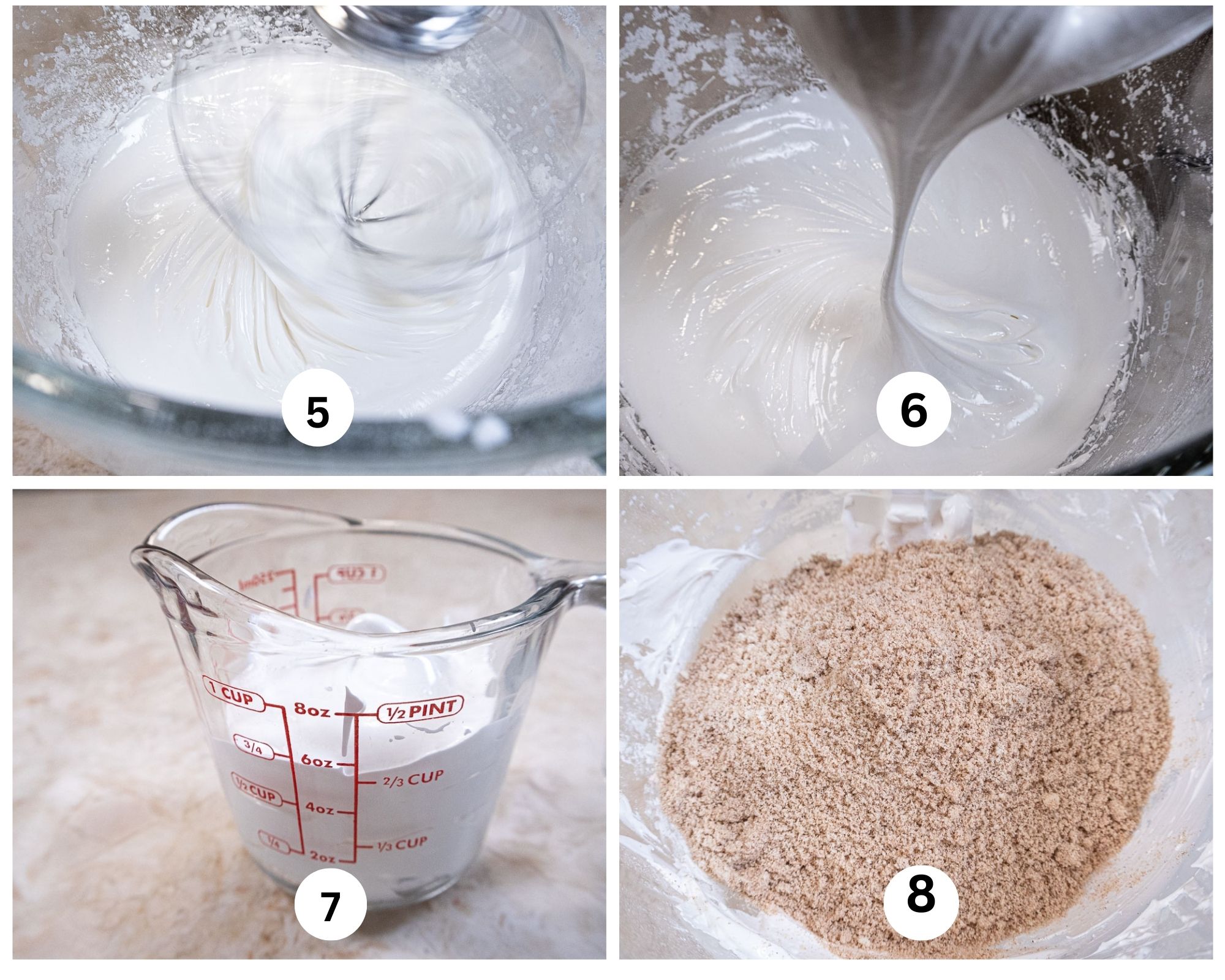 The second collage shows the egg whites beating, the egg whites finished beating, ¾ cup whites removed and the almond flour mixture being added to the mixing bowl. 