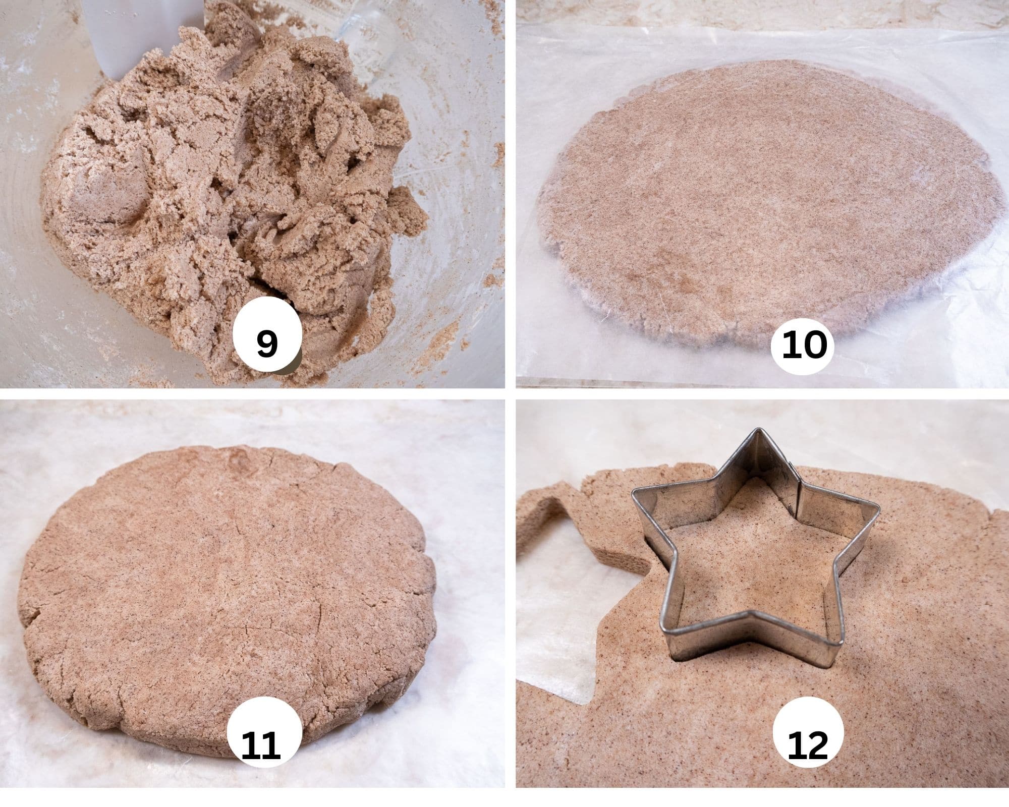 This collage shows the completed dough, the dough rolled between waxed paper, the top paper removed and a star cutter on the dough.