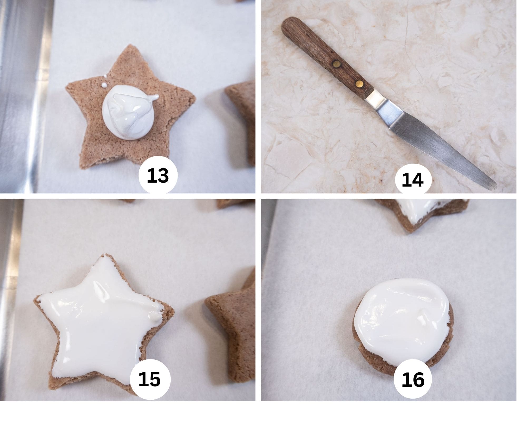 The last collage shows a dollop of meringue on a  cookie, a pointed offset spatula, the meringue covering the cookie and a round moon shaped cookie.