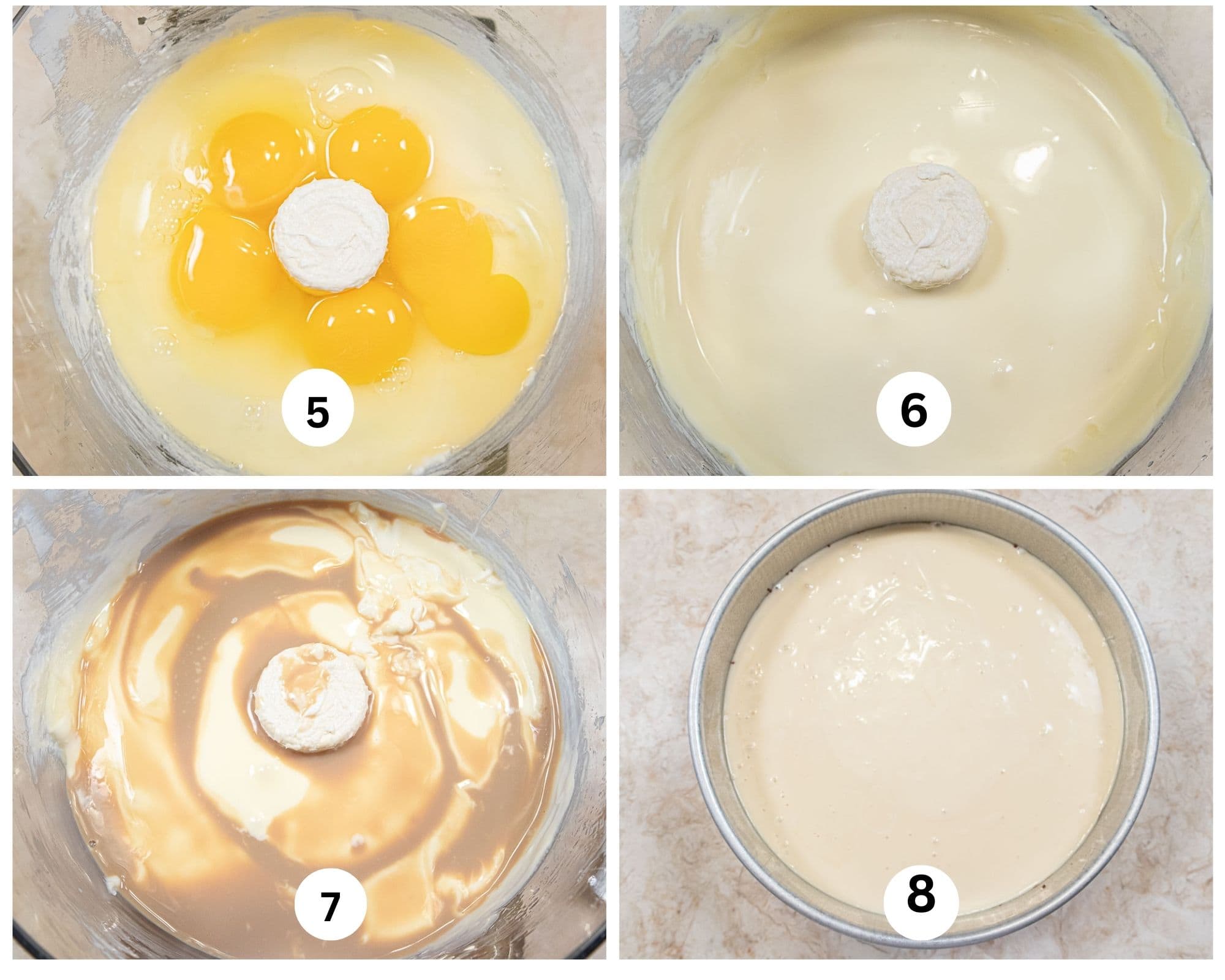 This collage shows the eggs being added to the processor, then processed after which the bailey's is added and the mixed cheesecake filling in the pan.