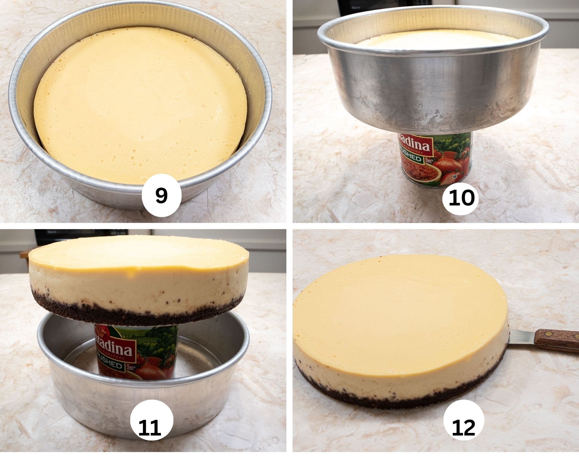 The baked cheese cake in the pan, releasing the cheesecake by placing it on a can, heating it with a hairdryer and the side falls down, releasing the bottom.