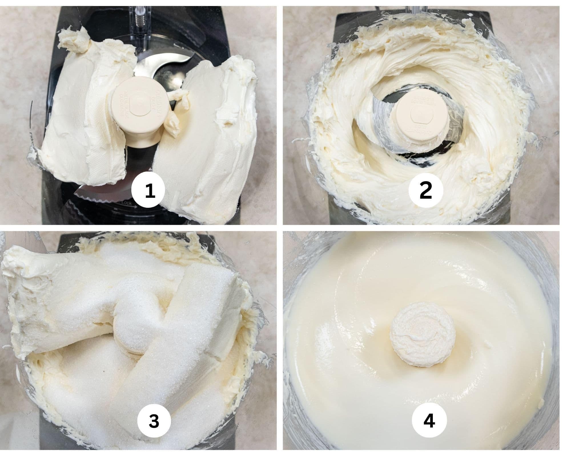 This collage shows half the cream cheese in the processor, processed, the remainder of the cream cheese and sugar in the processor and all processed.