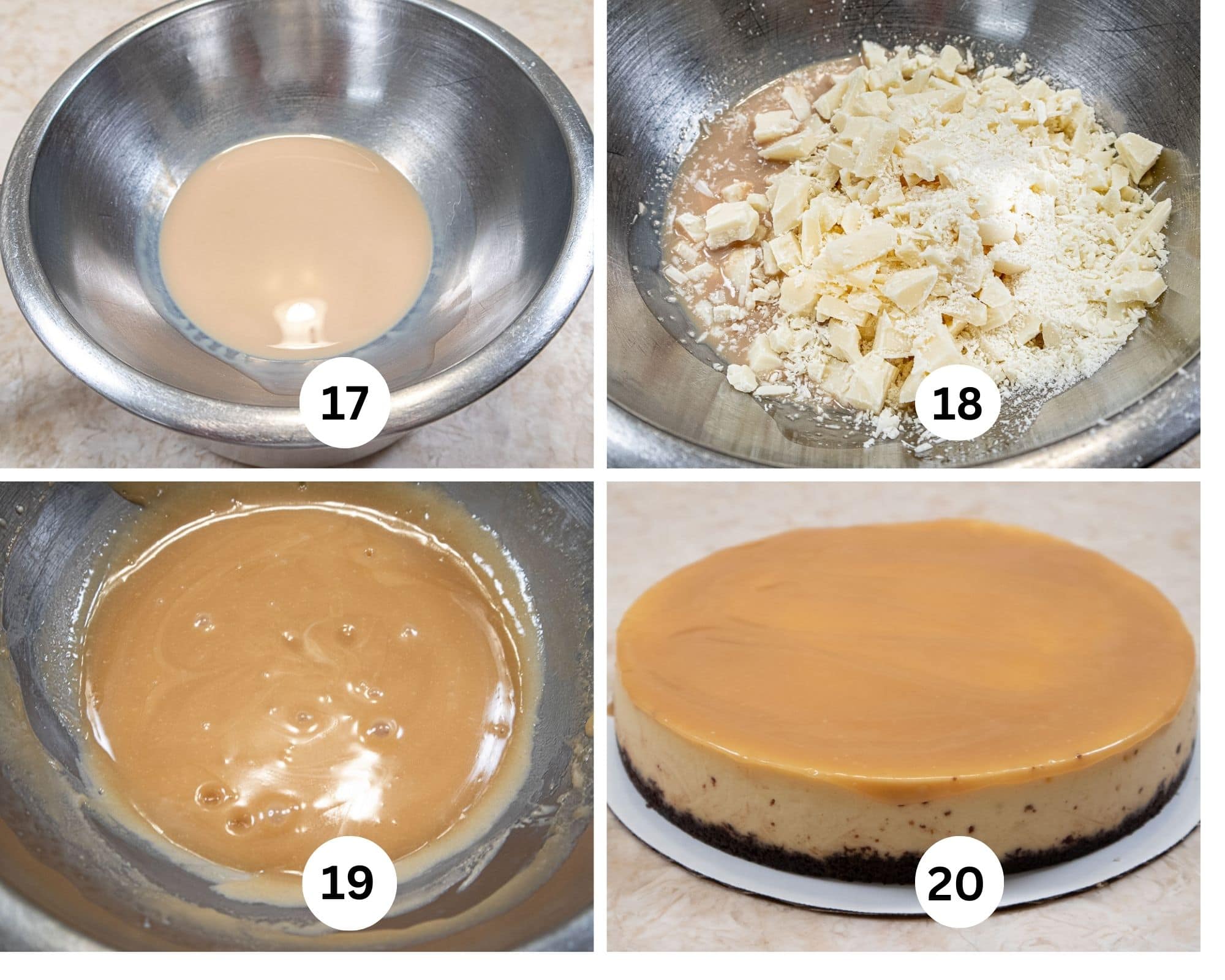 The last collage shows the Bailey's in a bowl over a double boiler, the white chocolate added to the bowl, the finished glaze and the cheesecake topped with the glaze. 