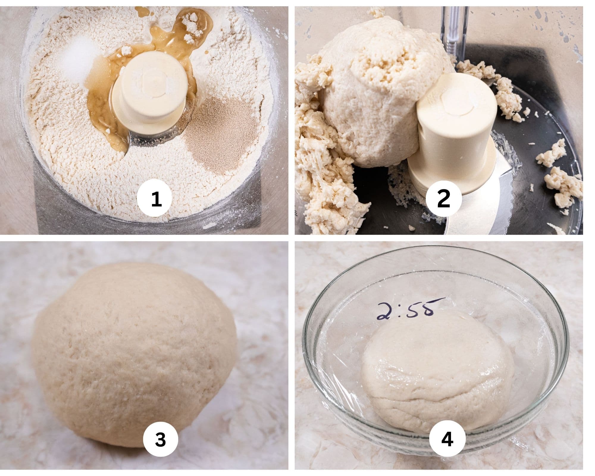 The first collage for the Buttermmilk Flatbreads shows the ingredients in the food processor, then mixed, rolled into a ball and put in a covered bowl to rise.
