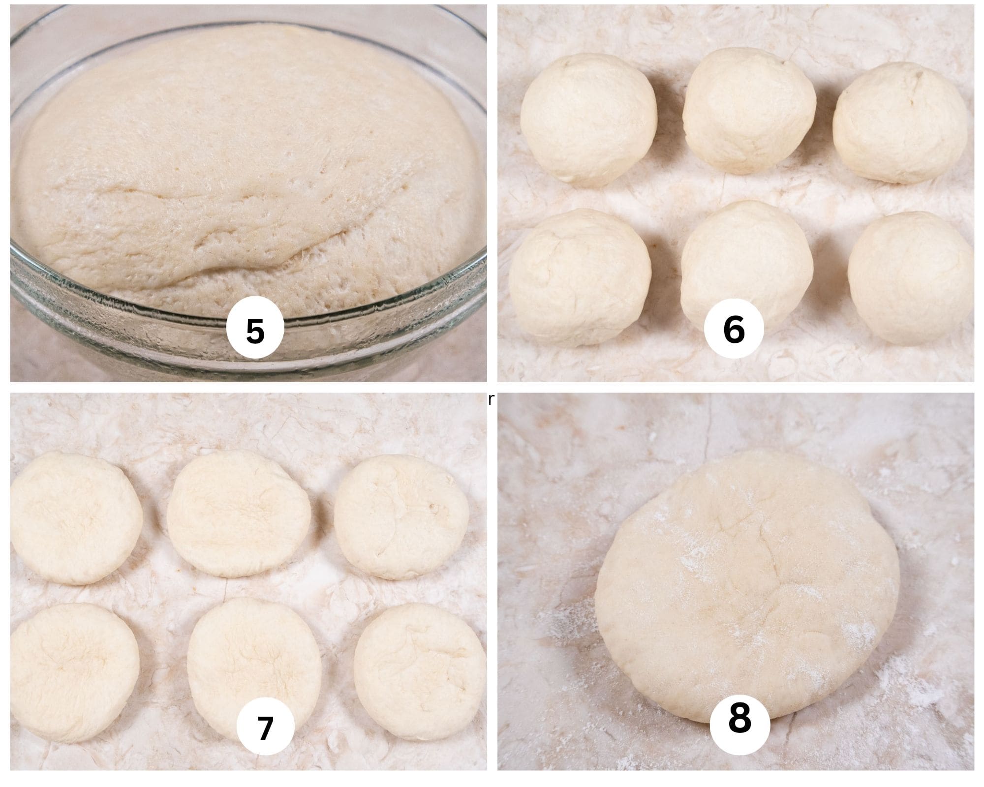 This collage shows the dough has risen, it is divided into six balls which are flattened and shows one flatten ball.