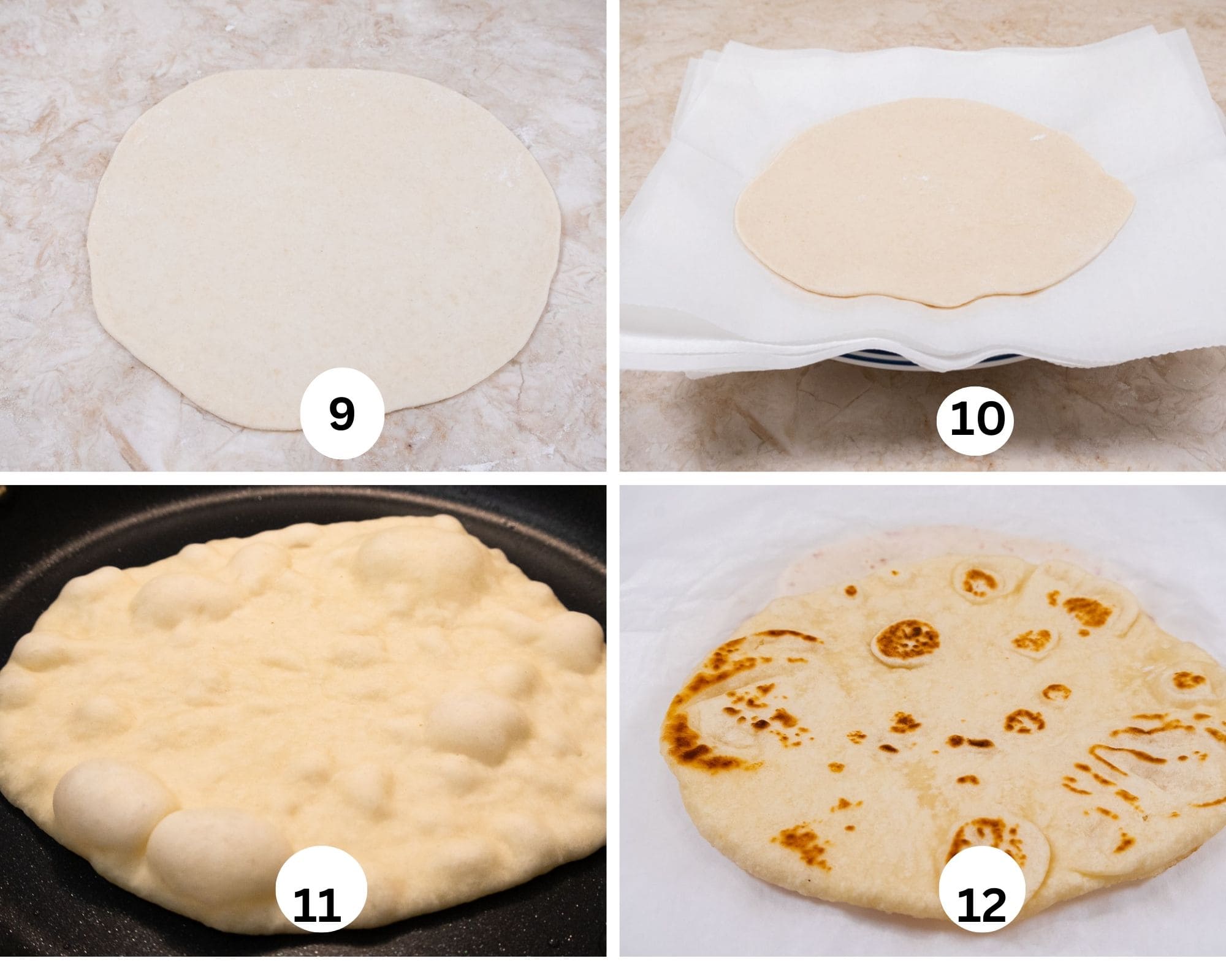The last collage shows the flattened ball rolled into an 8" circle, all of them are placed on a plate with paper between them, one in the frying pan with lots of bubbles on top and the last picture is   flatbread fried on the second side. 