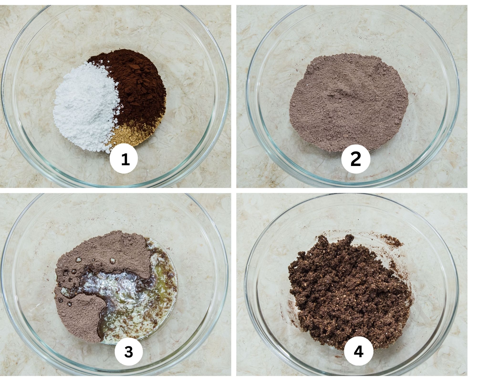 This collage shows the dry ingredients in a bowl, then mixed, the butter is added and the crumb crust is finished.