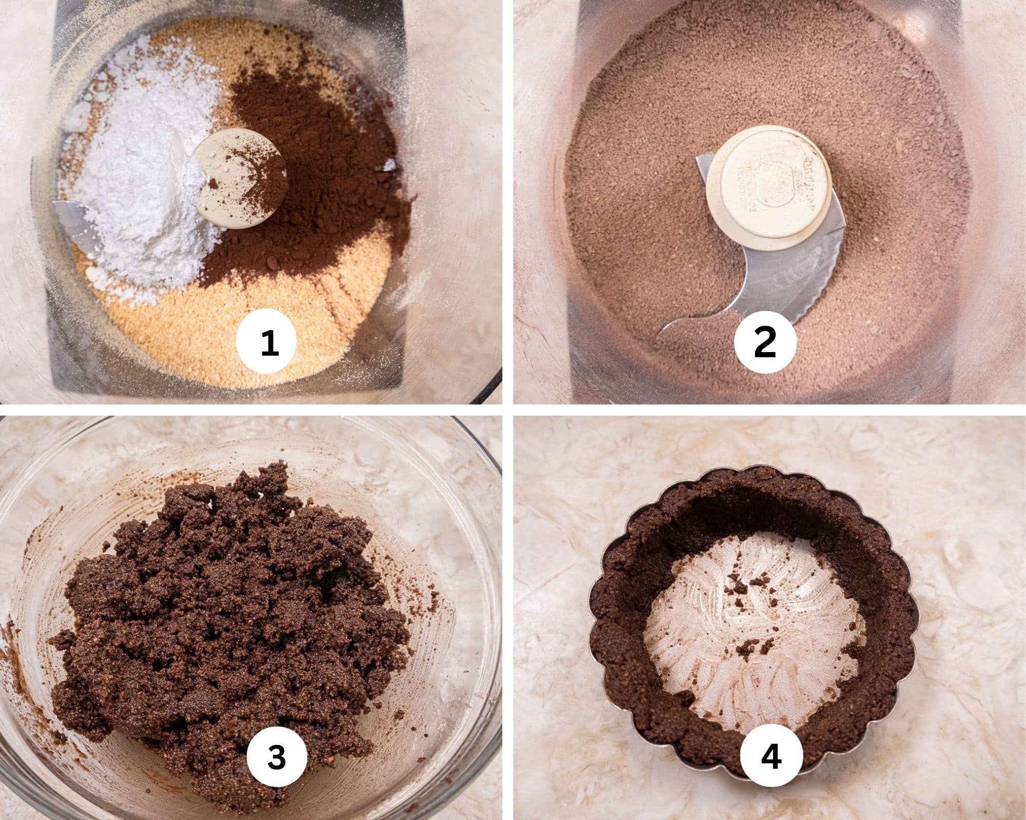 The first collage for the Chocolate Caramel Tarts shows the dry ingredients for the crust in the processor, processed, the butter added to the crumbs and pressed into the side of the tart pan.
