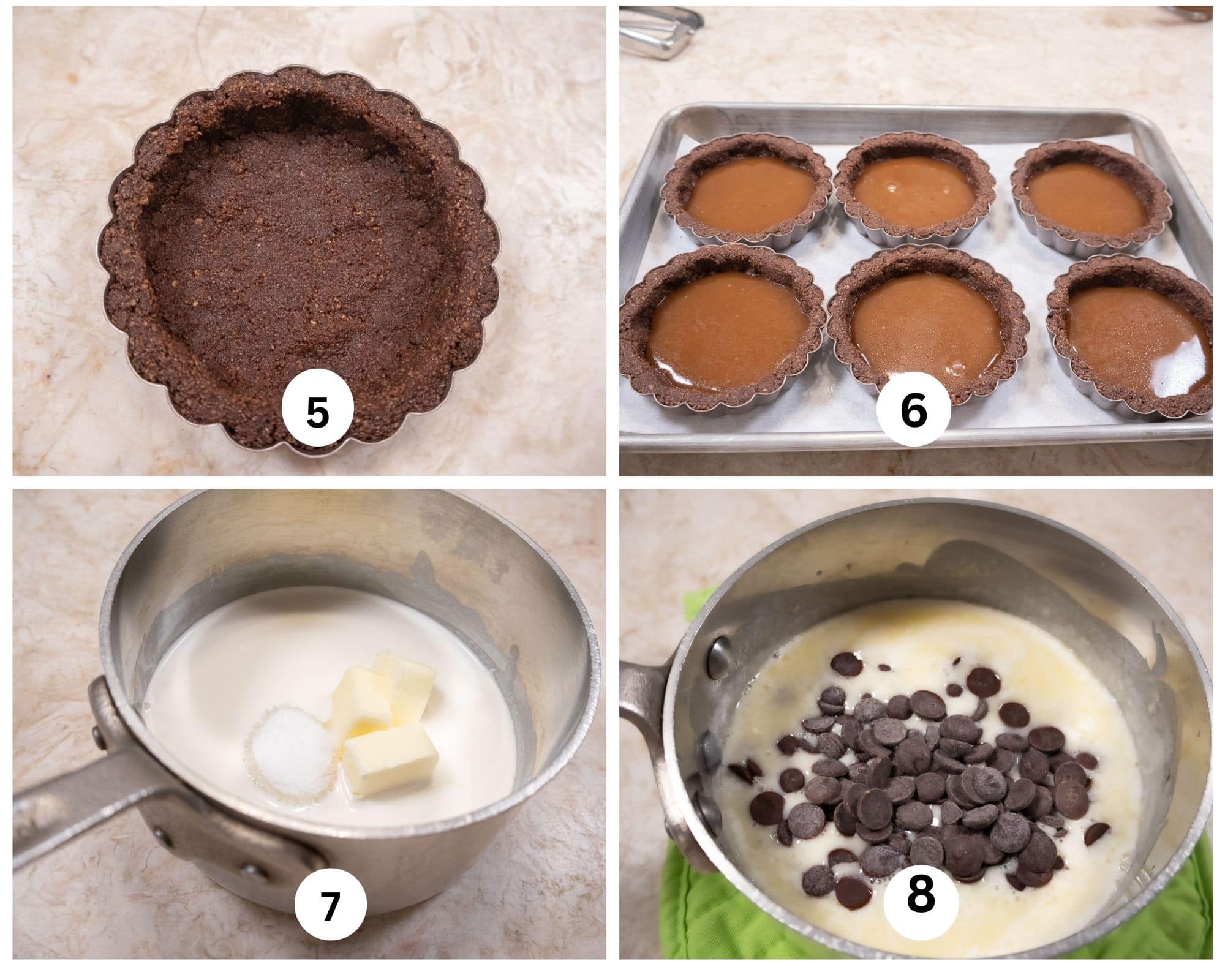 This collage shows the bottom of the crust in the pan, the pans filled with caramel, the liquid ingredients for the caramel in a saucepan followed by the chocolate and vanilla.