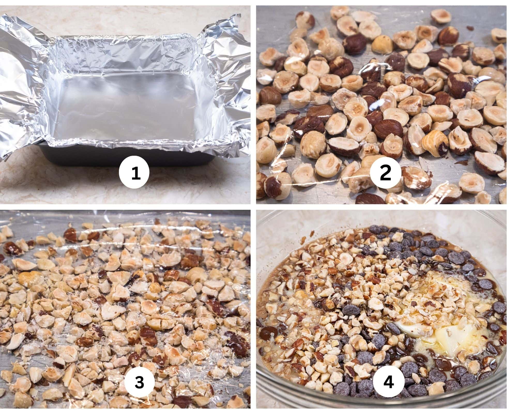 The first collage shows a square pan lined with foil, whole hazelnuts in a rimmed pan covered with film, the nuts are  chopped, and the ingredients in a large glass bowl.