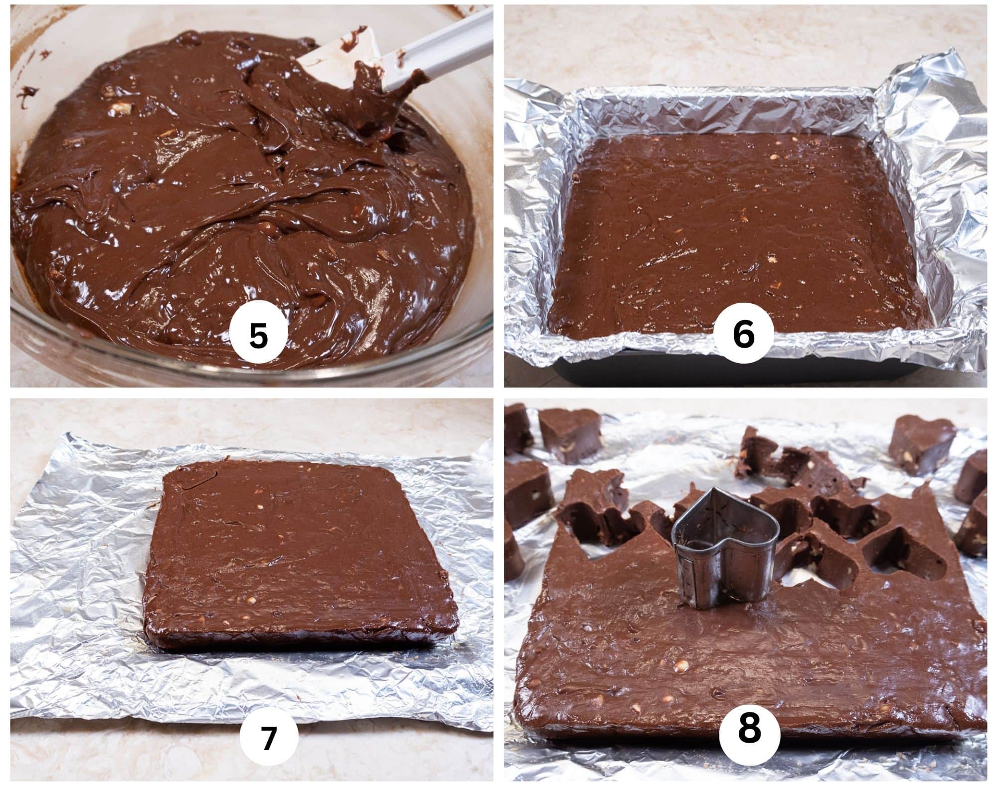The second collage shows the fudge mixed, poured into the pan, the foil turned down and the fudge cut into hearts. 