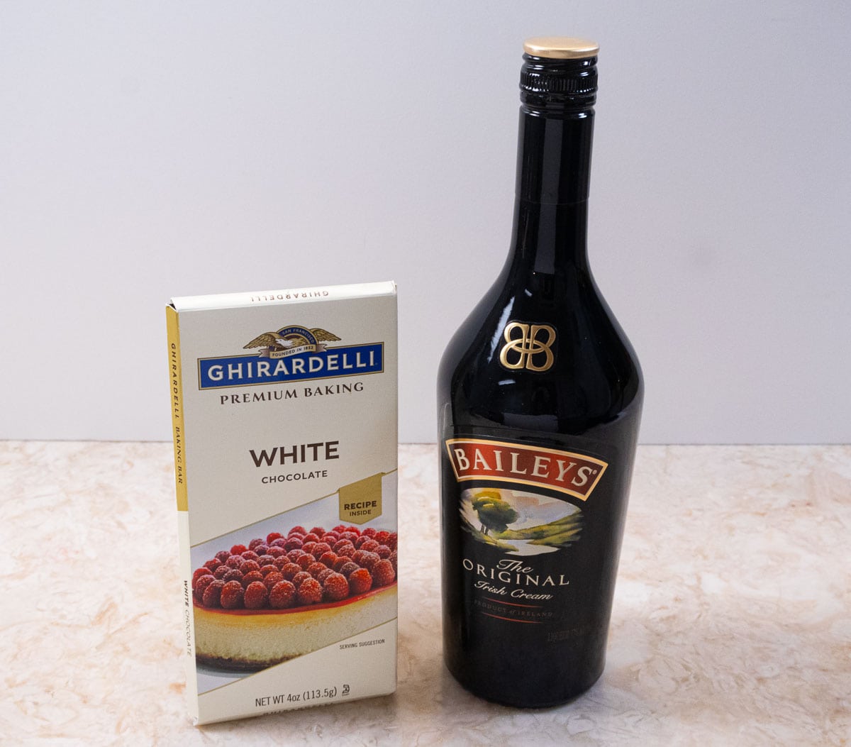 The ingredients for the glaze are white chocolate and Bailey;s liqueur./