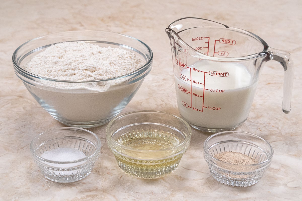 Ingredients for the buttermilk flatbreads include flour, yeast, salt, oil and buttermilk