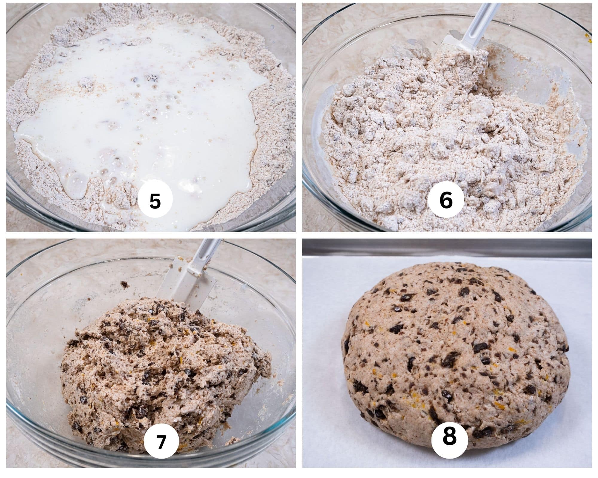 This collage shows the buttermilk added, mixing it in, mixed in the bowl, and shaped.