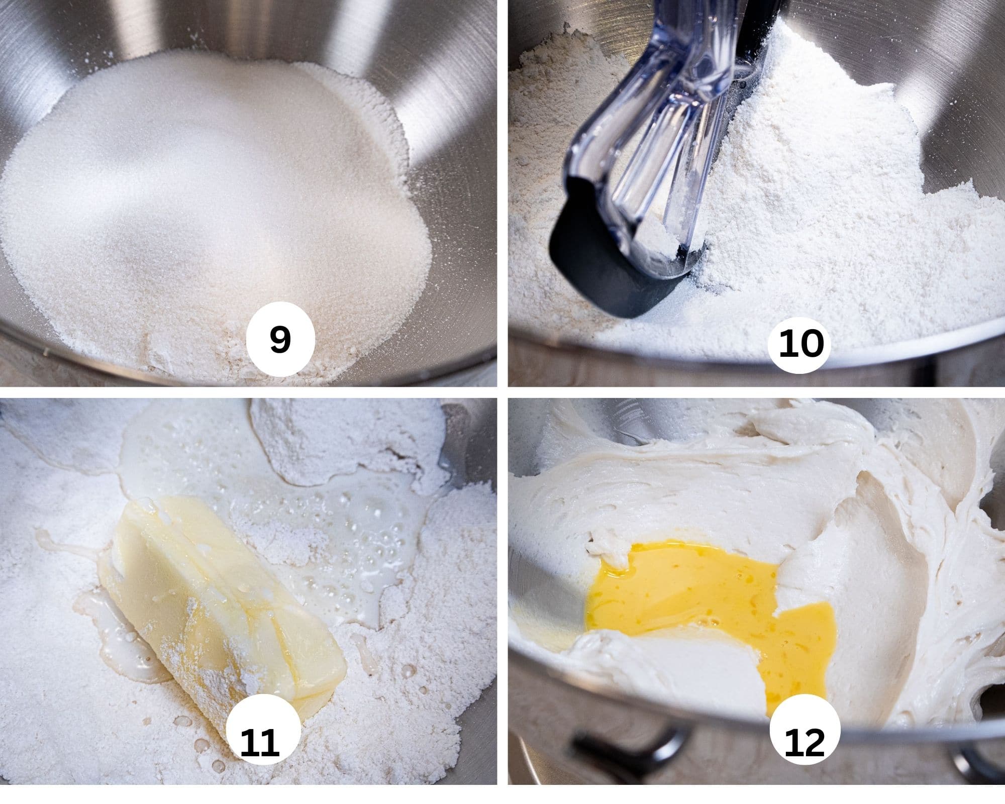 The third collage shows the dry ingredients in a mixing bowl, then mixed, the butter added, and the first addition of liquid. 