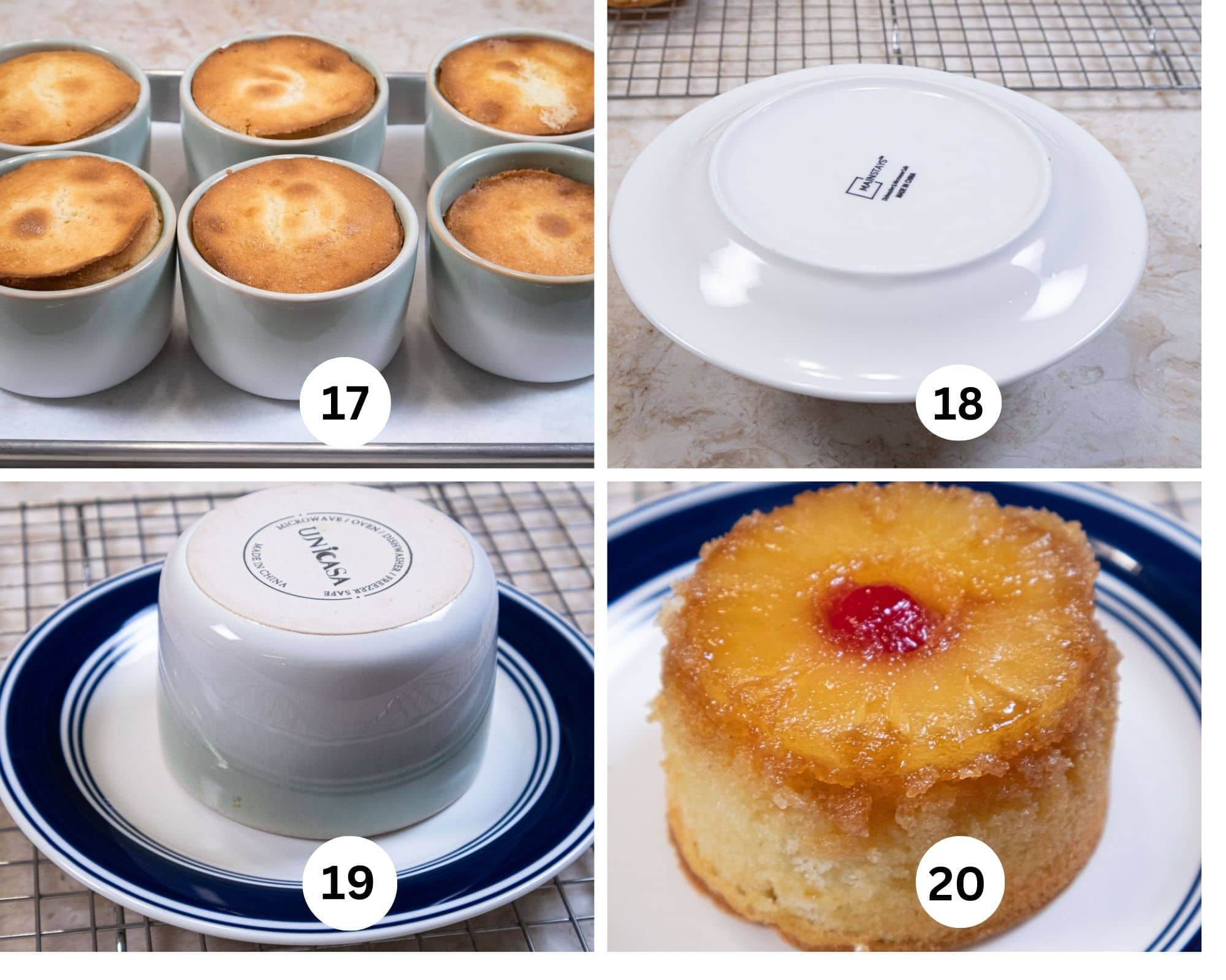 The last collage includes the baked cakes, a plate placed over the top of a ramekin, the ramekin turned over and the cake on a plate. 