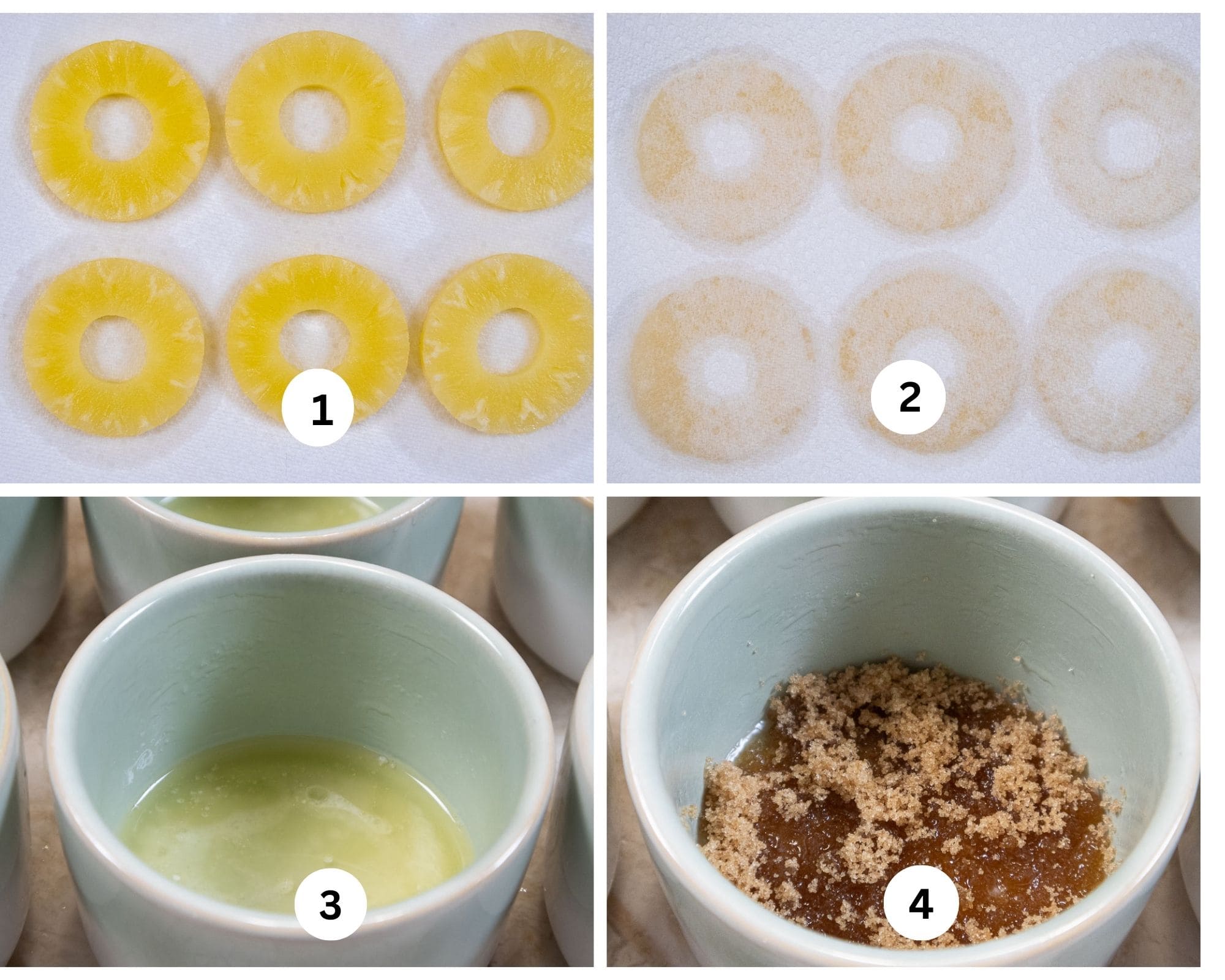 The first collage shows the pineapple slices on paper towels, paper towels on top of the slices, butter in the ramekin and brown sugar over the butter.