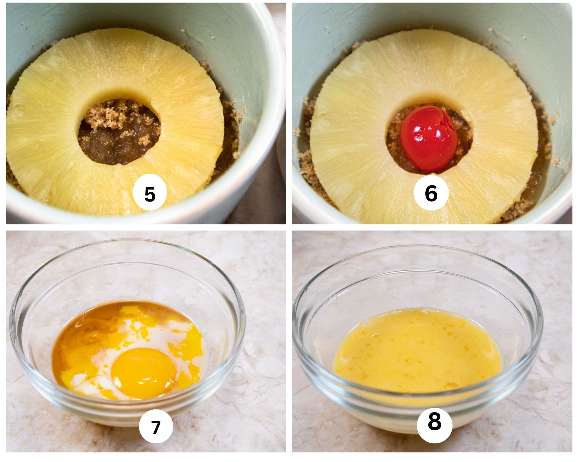 The second collage shows the pineapple over the brown sugar, the cherry in the pineapple, the liquids in a bowl and the liquids mixed.