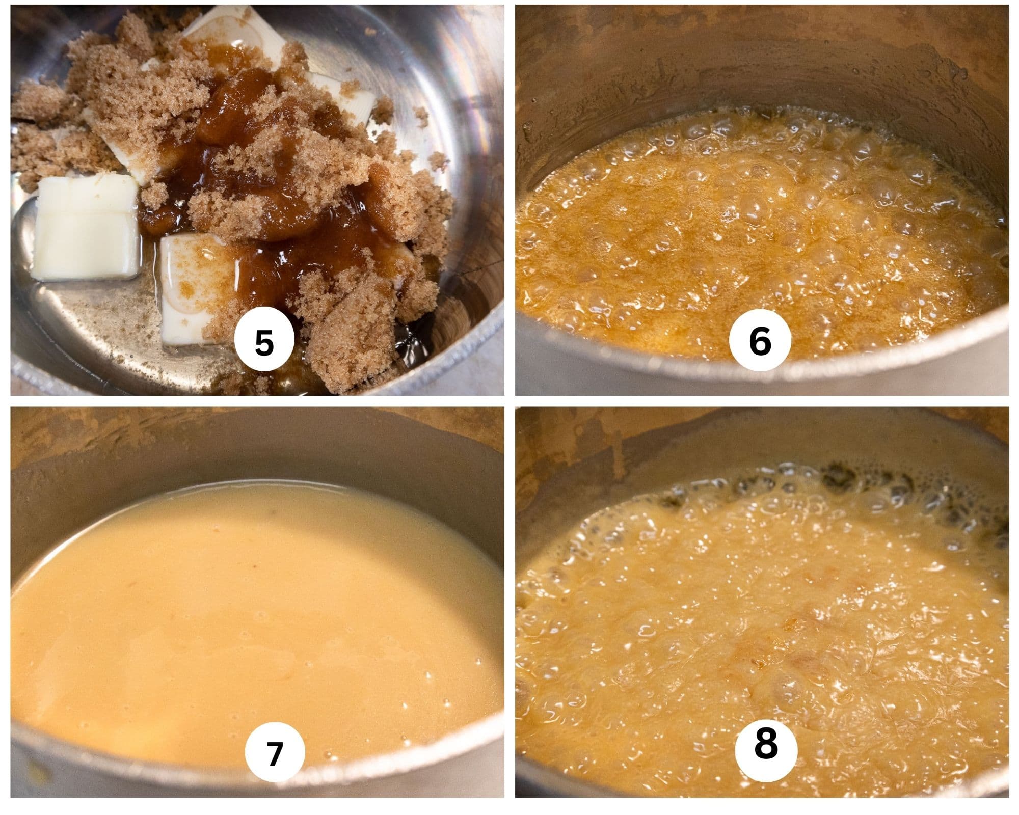 This collage show how to make the toffee by putting the butter, brown sugar, cornsyrup in a heavy pan and bringing it to a boil, add the condensed milk and boil it for 2 minutes.