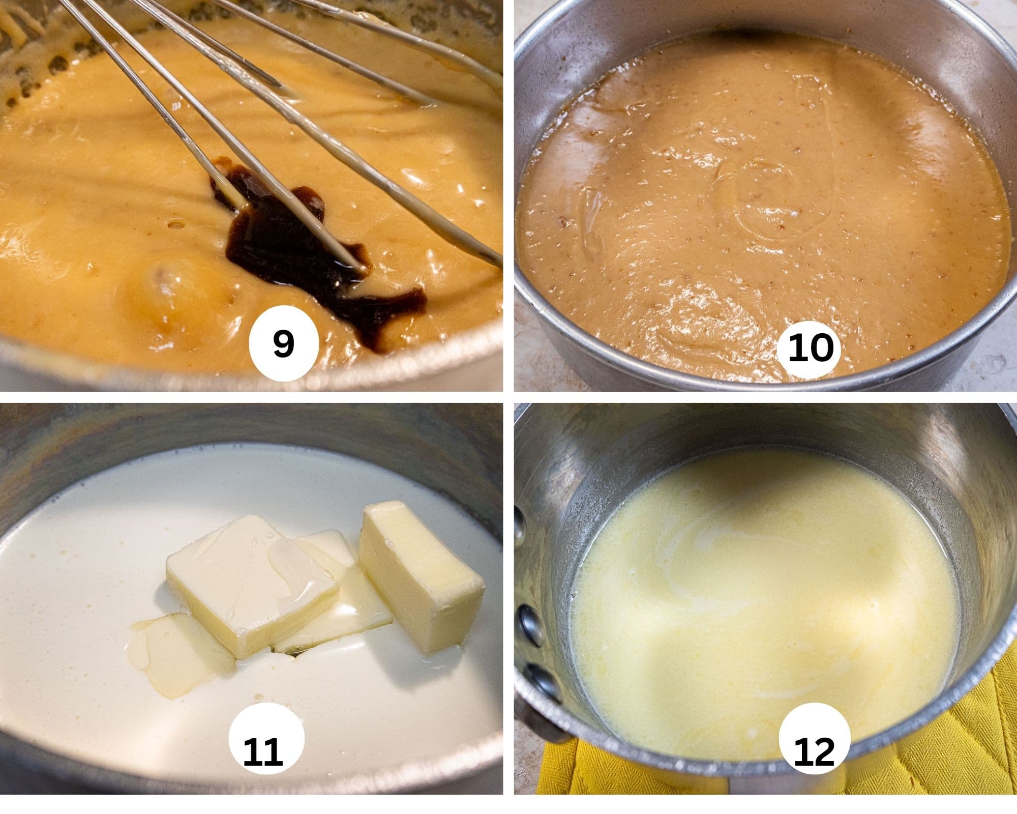 For this collage, the vanilla is whisked into the hot toffee,  spread over the crust and the cream and butter are added to a pan for the chocolate mousse, then melted. 