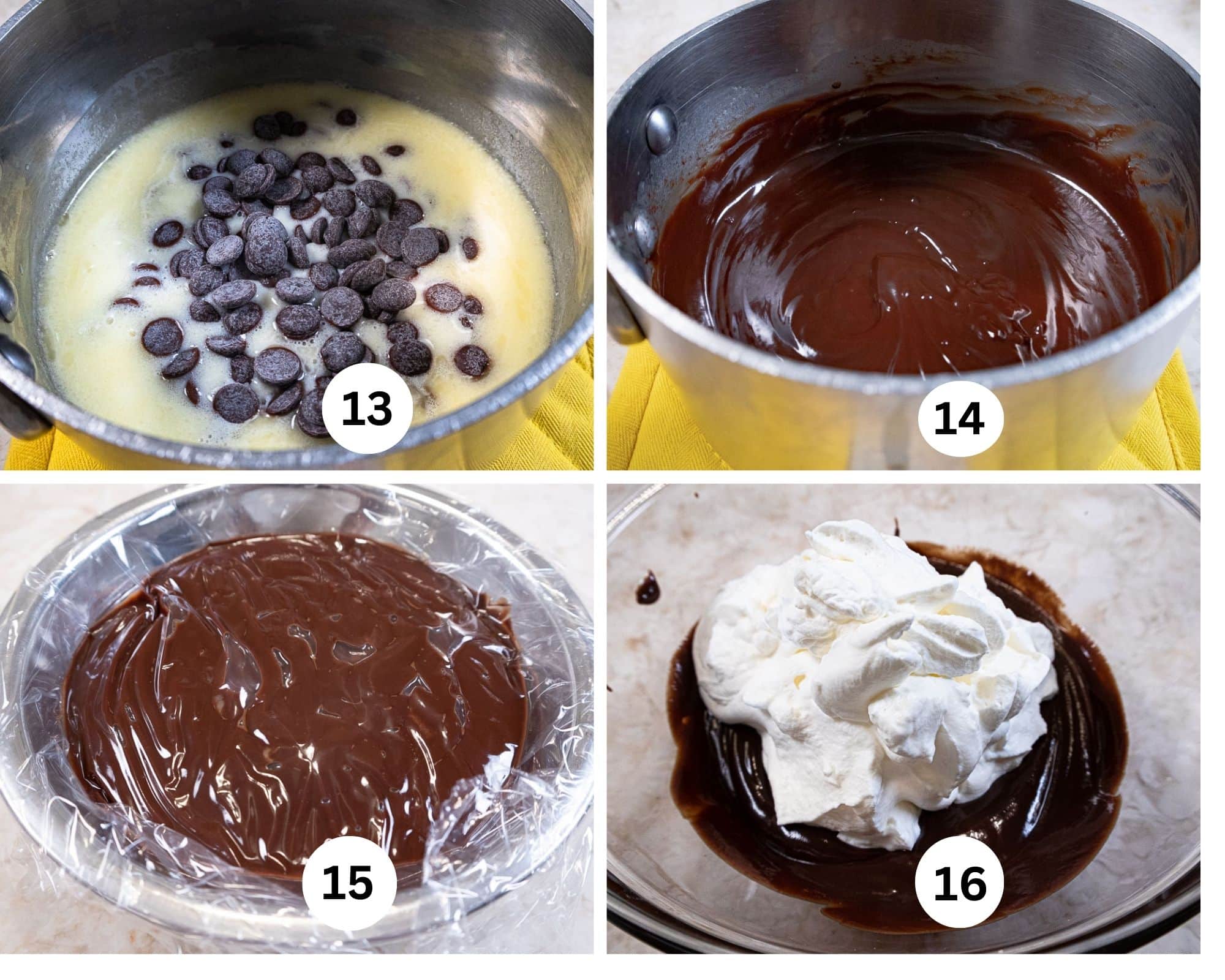 The fourth collage shows the chocolate added to the hot cream, then whisked until smooth, poured into a bowl and covered until cool with whipped cream being added.