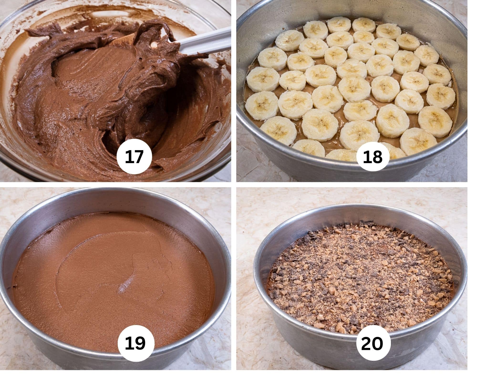 this collage, shows the chocolate and cream being folded together, the banana slices on top of the toffee, the mousse cover the bananas, and finally the brickle covering the mousse.
