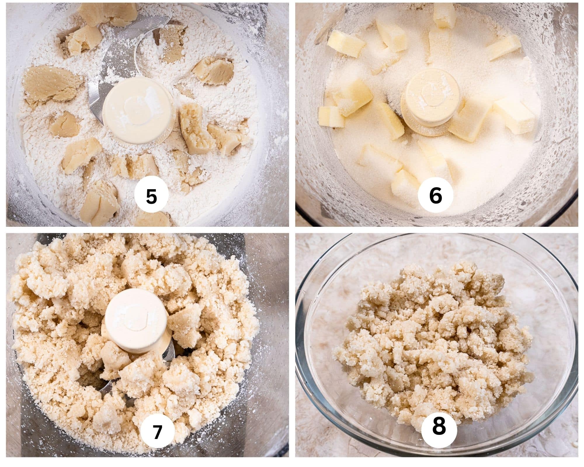 The second collage shows the almond paste over the flour in the bowl of a processor.