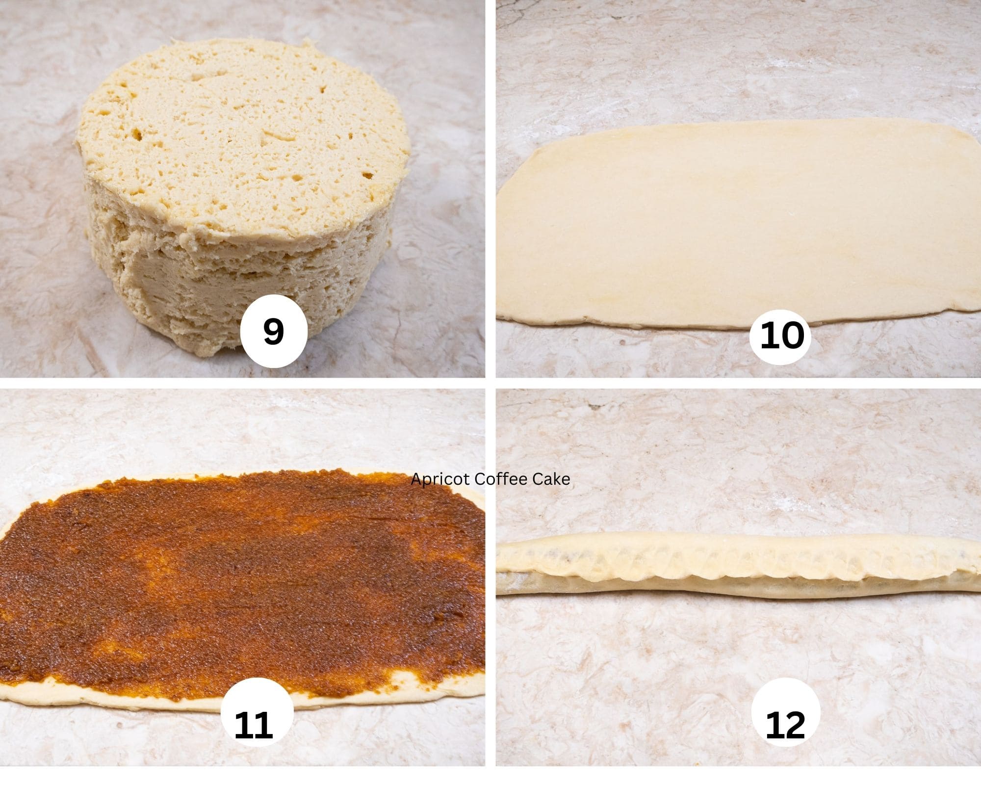 The third collage shows the assembly of the parts.  The brioche out of the refrigerator, rolled out, spread with the apricot filling, rolled up and the seam pinched together.  