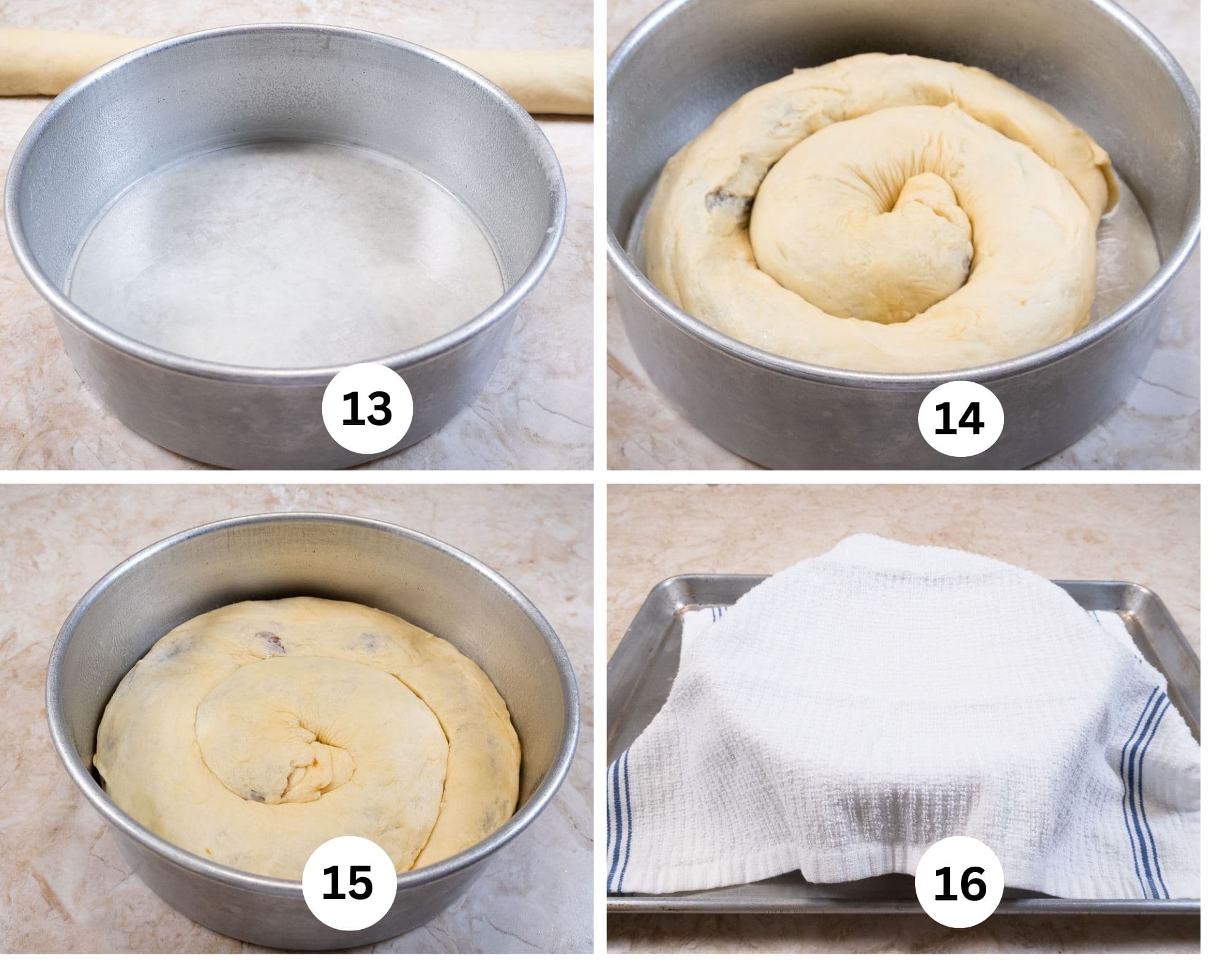 This fourth collage shows the cheesecake pan, the filled coffee cake coiled in the pan, then pressed down and a towel covering the pan.