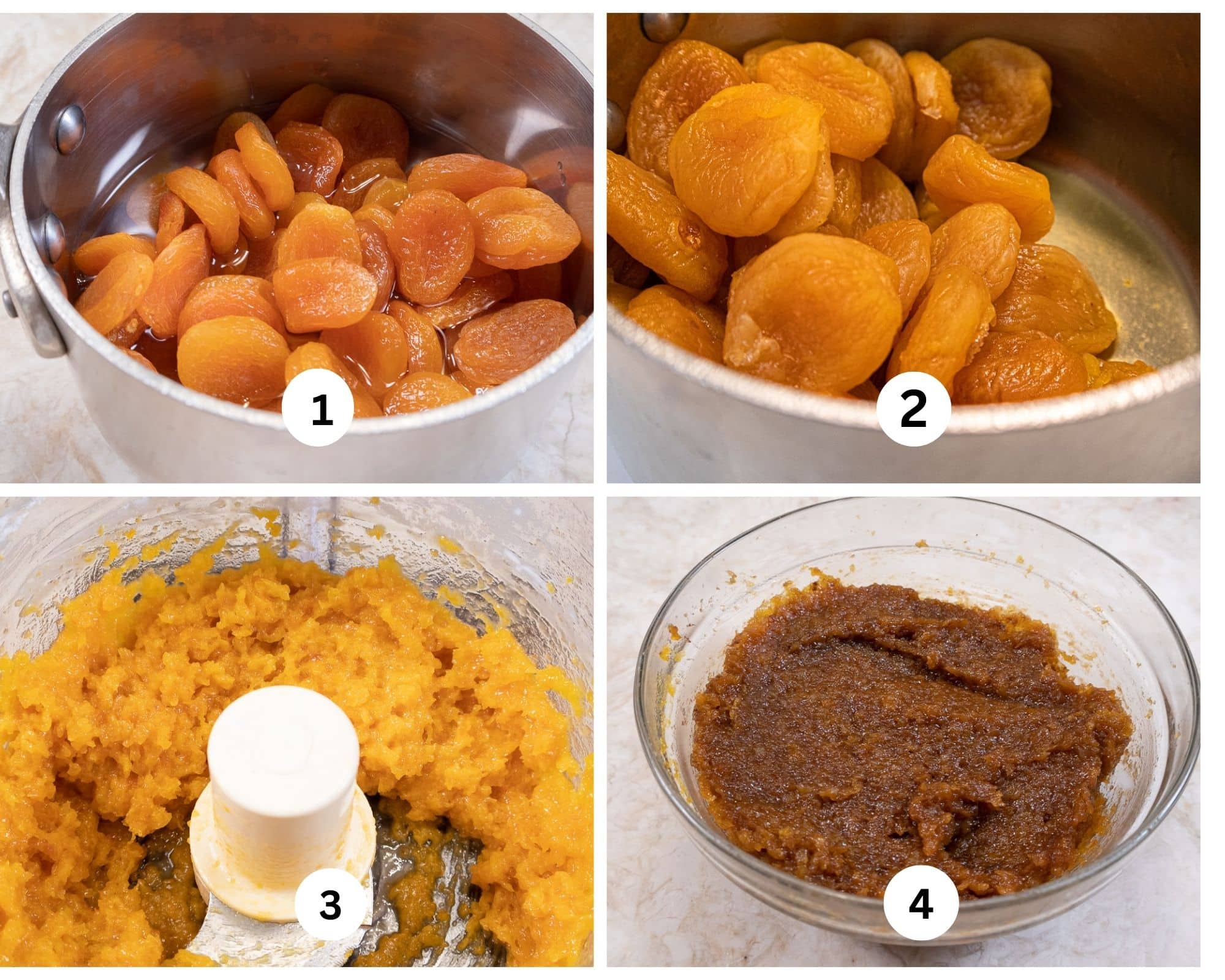 The first collage shows the dried apricots in a saucepan with water, the water reduced, the apricots pureed in a processor and cocoa added to the apricots.