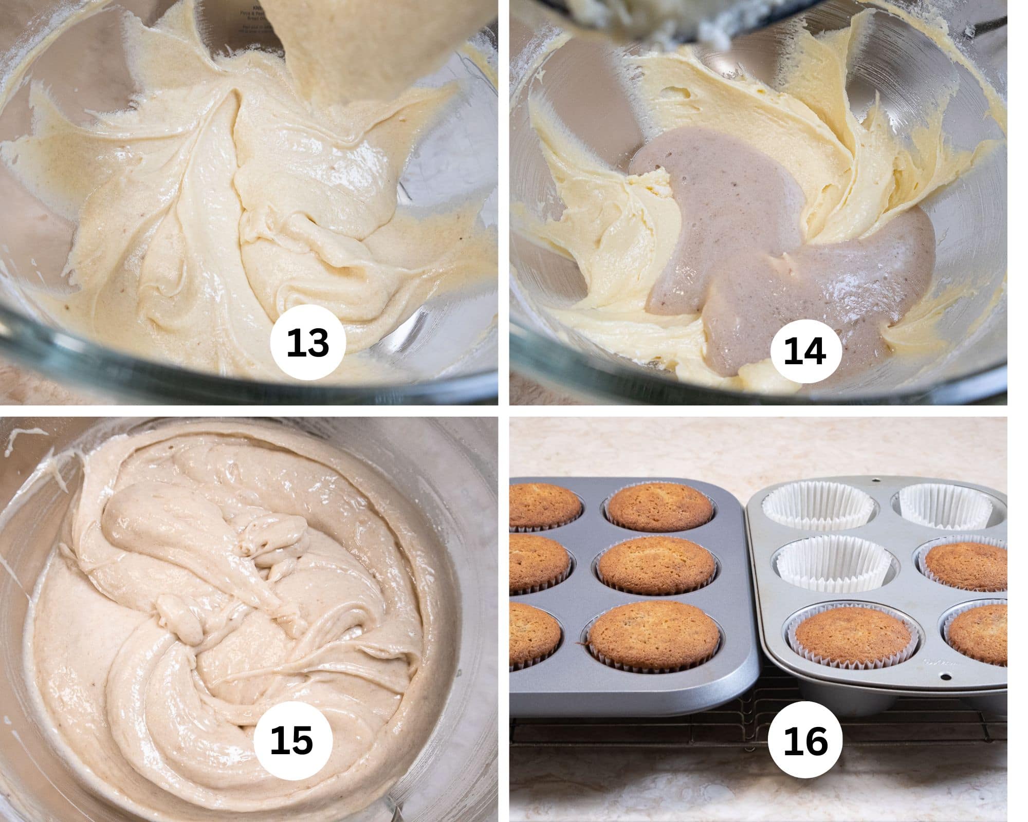 This collage shows the first addition of flour mixed in, followed by the addition of the first addition of banana mixture, the batter finished and the baked cupcakes.