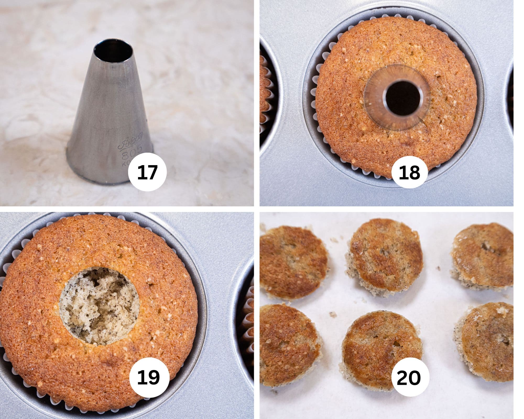 To fill the Banana Split Cupcakes, a large plain piping tip is used by placing it in th center of the baked cupcake and tunneling out the cupcake.  The plugs are shown in the last photo.