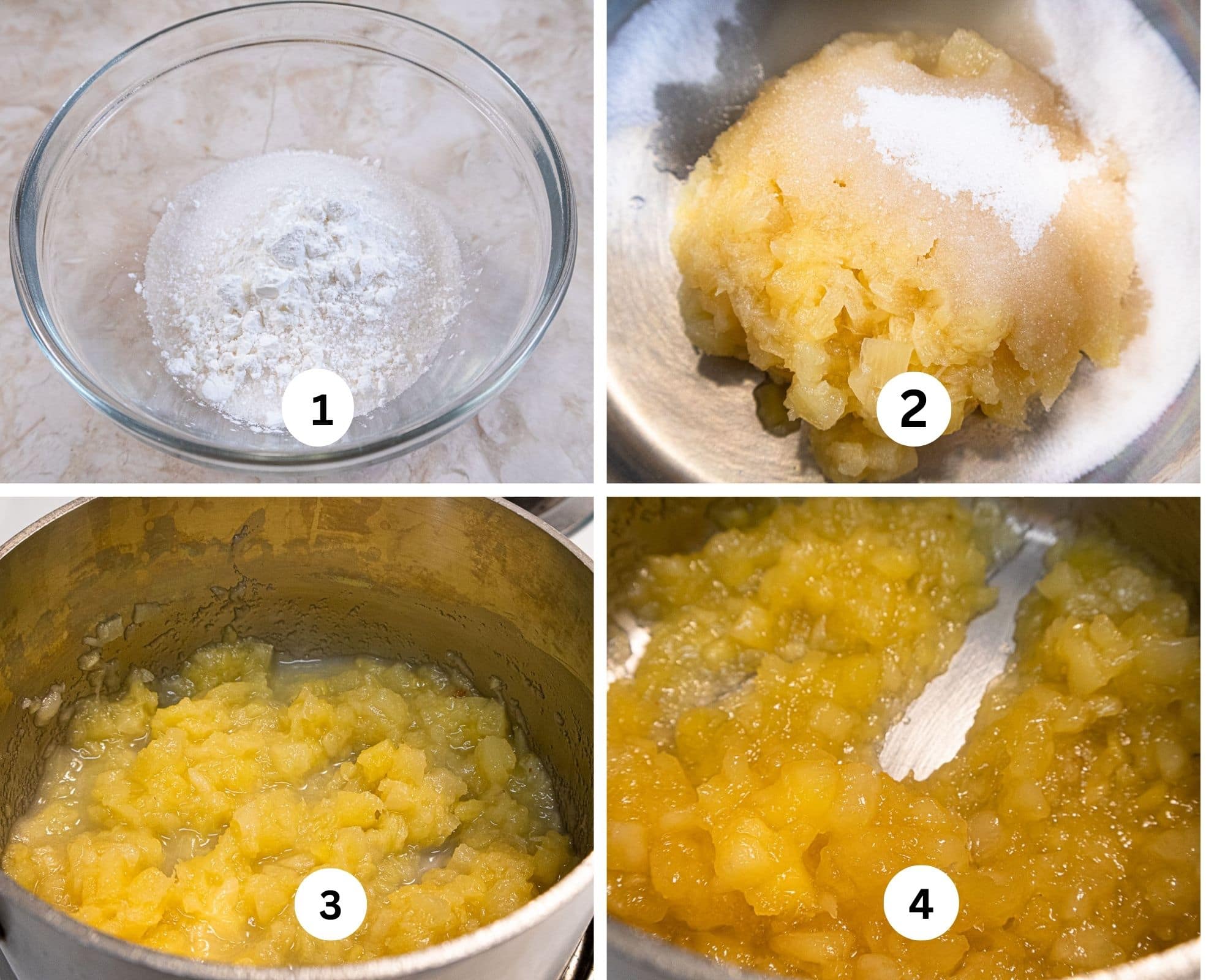 The first collage shows the cornstarch and sugar in a bowl, added to the crushed pineapple, put into a saucepan and cooked. 