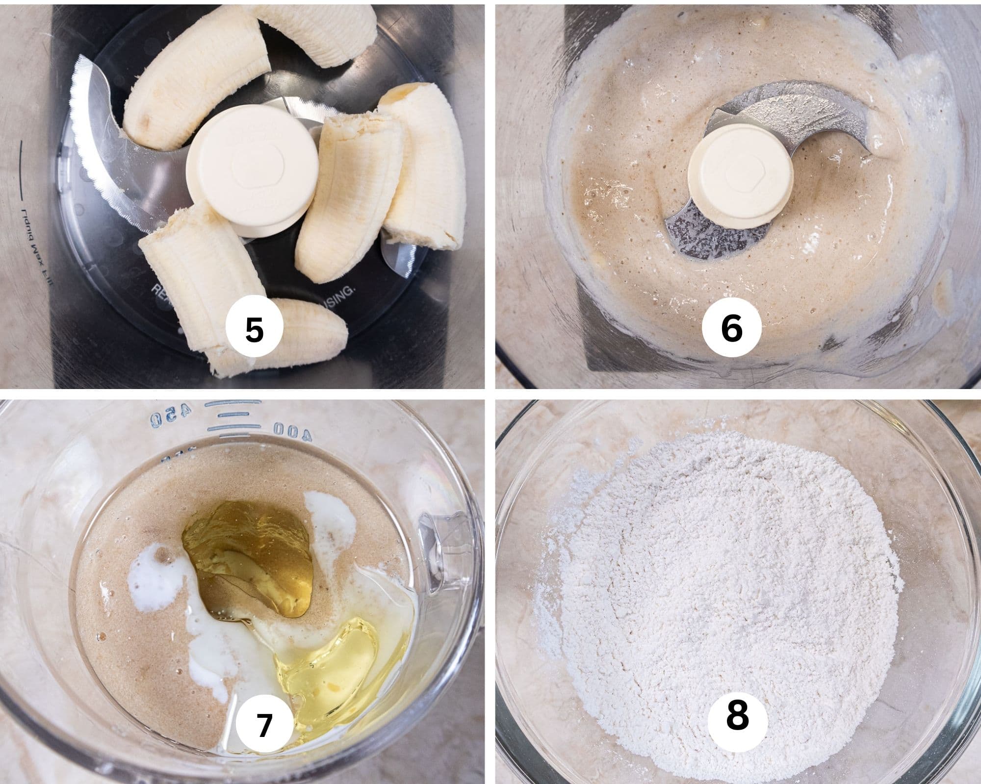 This collage shows the bananas in the process, processed, oil and buttermilk added to them and the dry ingredients for the cake mixed together.