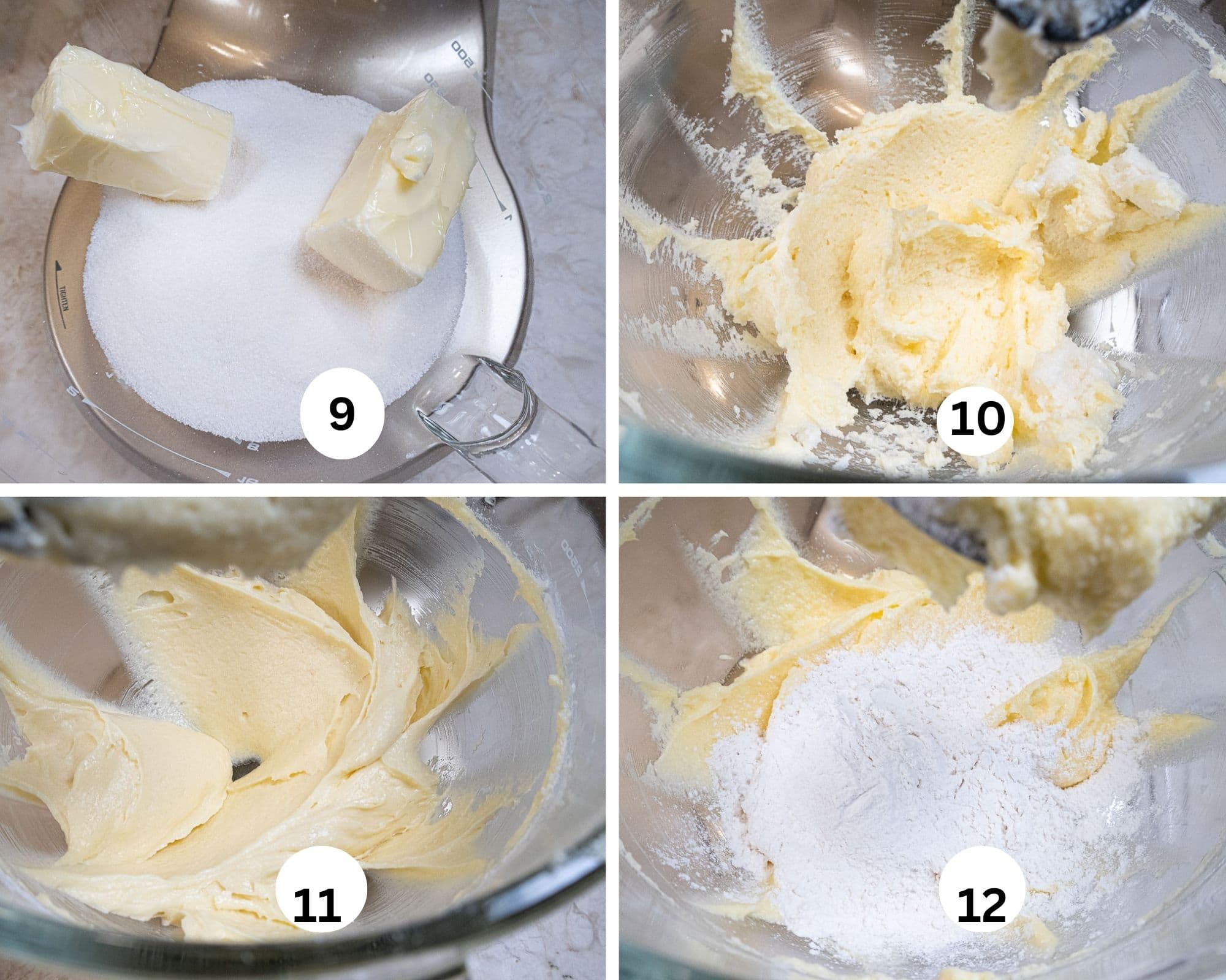 This collage for the Banana Split Cupcakes shows the butter and sugar in a mixing bowl, creamed together, the eggs added and finally the first addition of dry ingredients. 