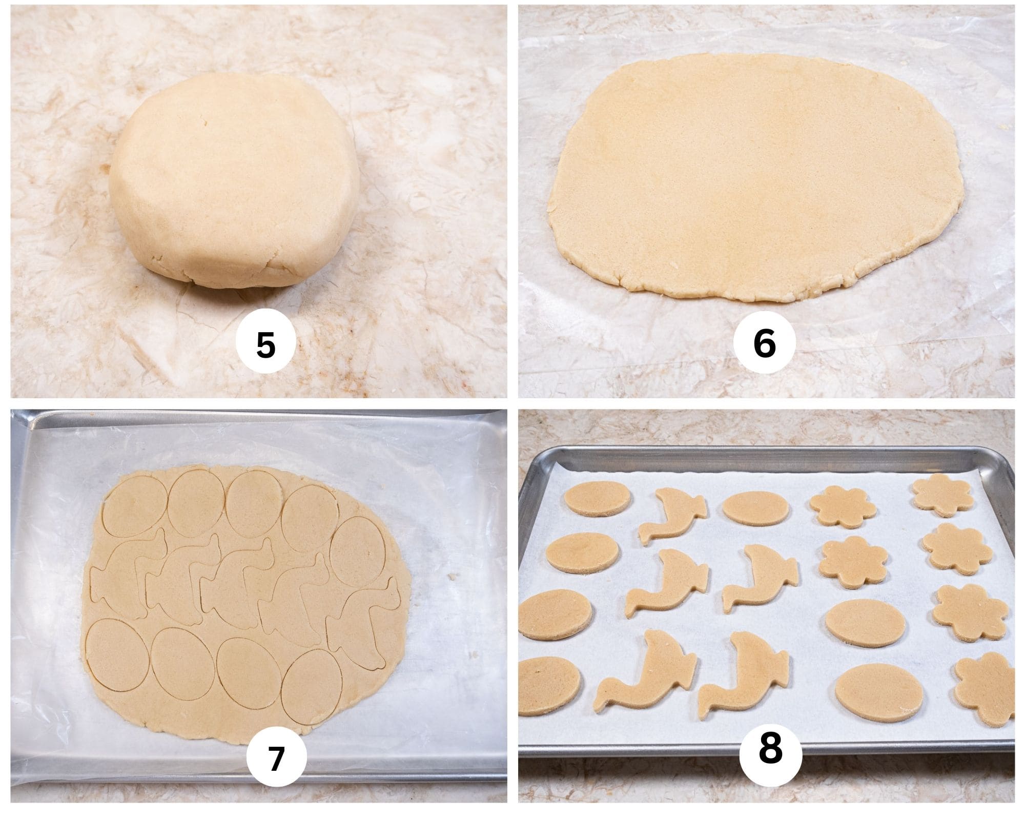 This collage shows the dough flattened, rolled out, cookies cut, and on the tray