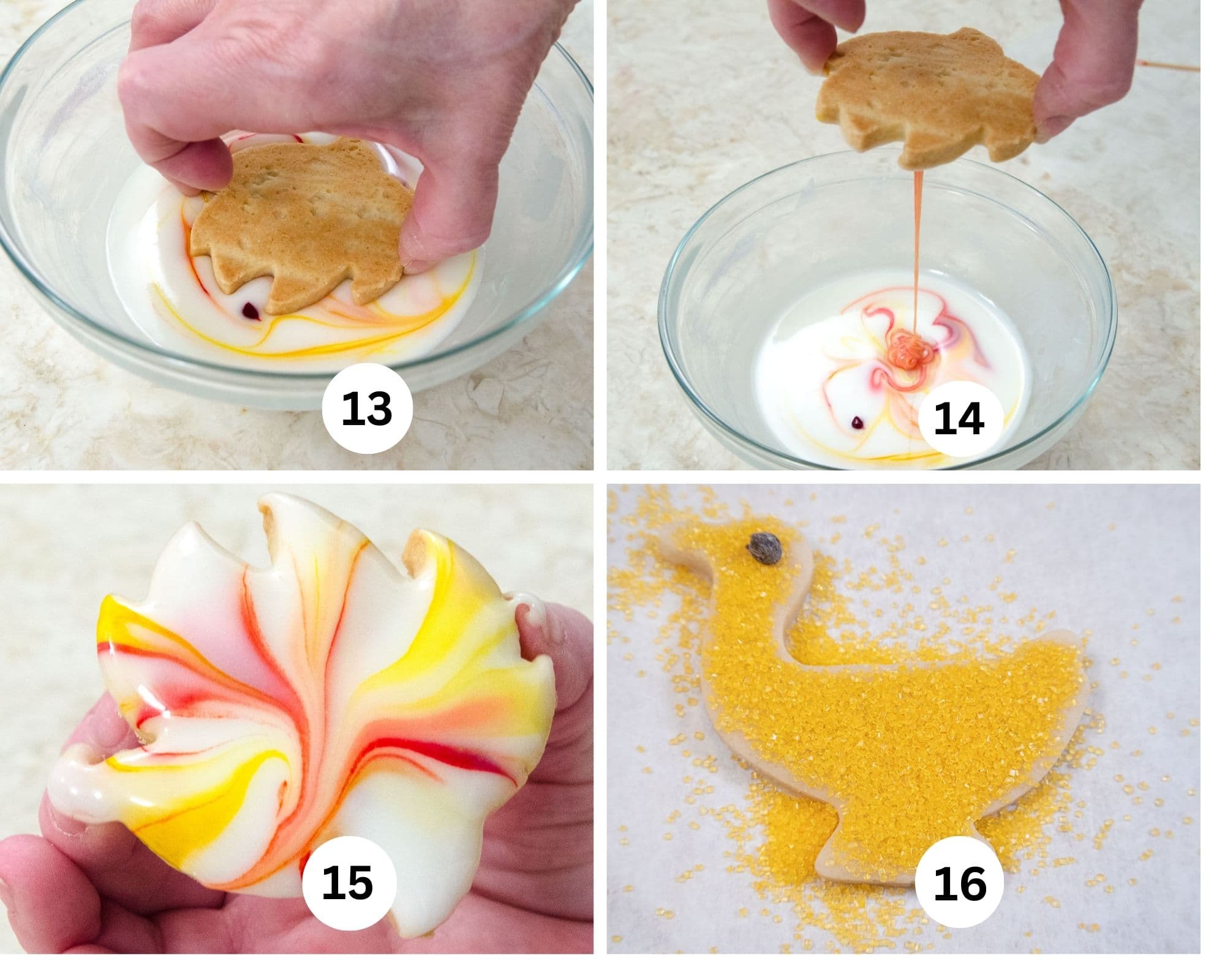The final collage shows a cookie being dipped into the glaze, the glaze dripping off, the finished glazed cookie and a duck covered in yellow sugar crystals.