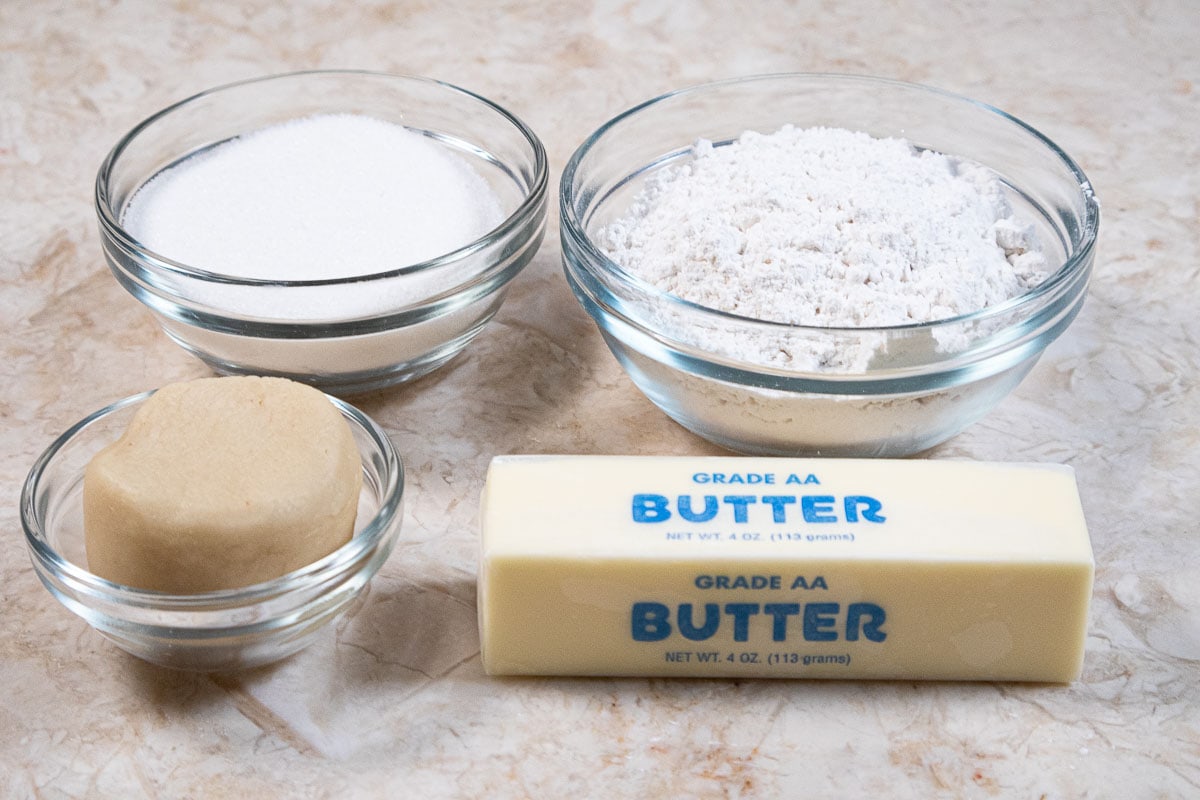 Ingredients for the Almond Crumbs are granulated sugar, cake flour, almond paste and butter.