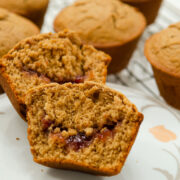 This PBJ muffin is shown opened so the jelly rippling thoughout the peanut butter muffin can be seen.
