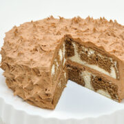 This Spirited Chocolate Cake consists of white and chocolate layers finished with a light chocolate frosting,